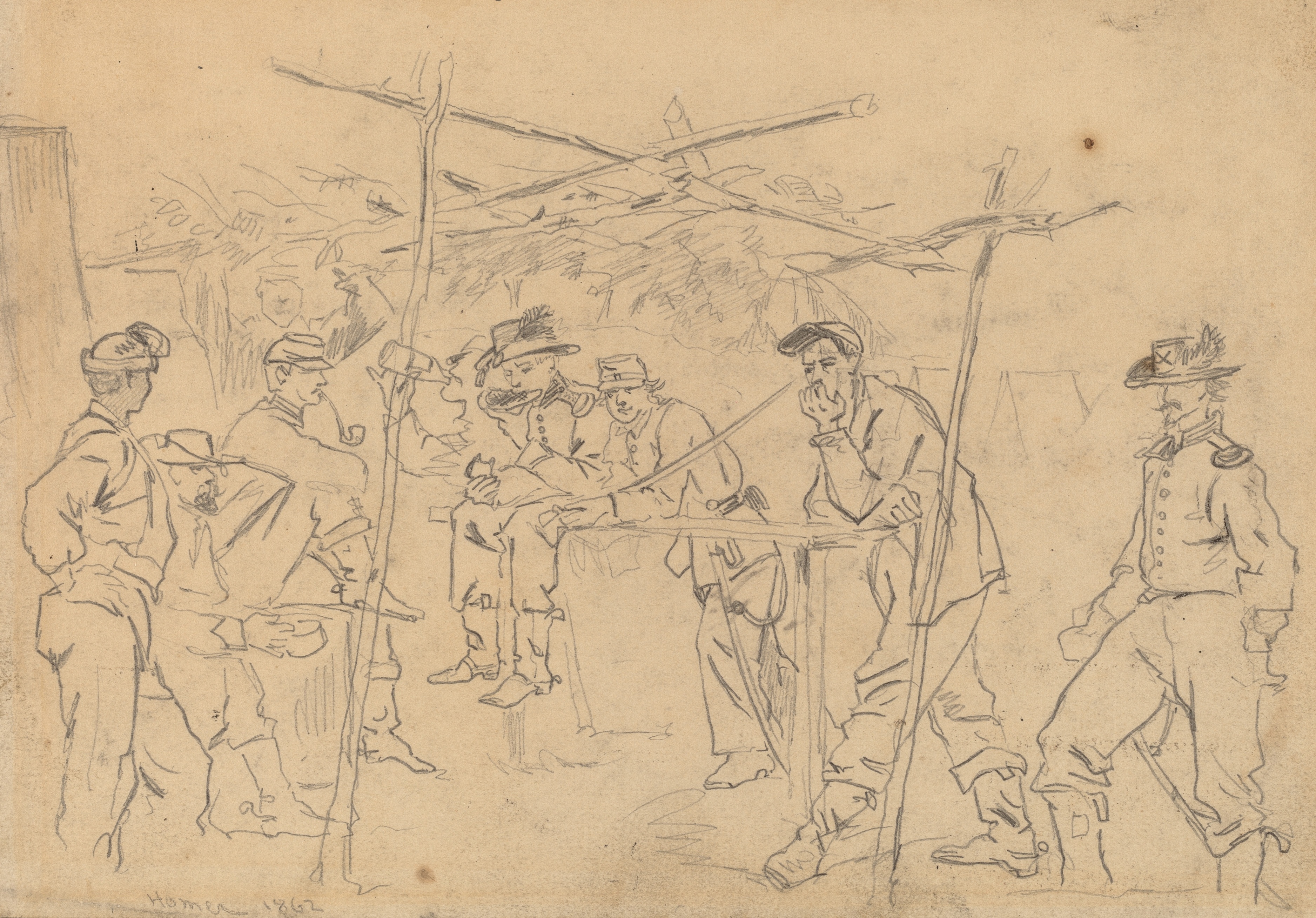 《萨特勒斯帐篷宾夕法尼亚州第三骑兵团右翼》（sutlers tent 3rd pennsylvania cavalry recto）｜温斯洛·霍默 Winslow Homer｜1862