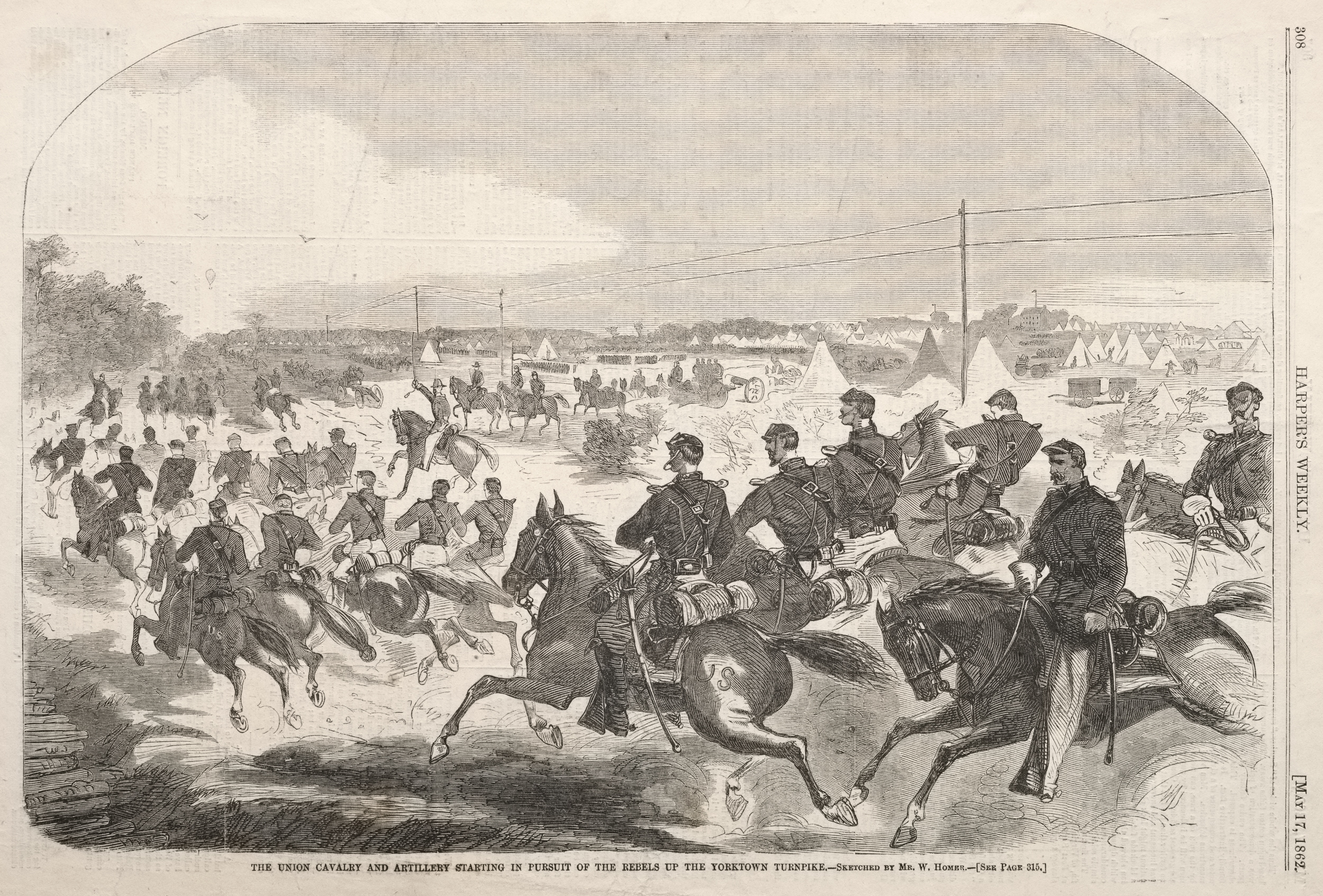 《联邦骑兵和炮兵开始沿着约克敦收费公路追击叛军》（the union cavalry and artillery starting in pursuit of the rebels up the yorktown turnpike）｜温斯洛·霍默 Winslow Homer｜1862