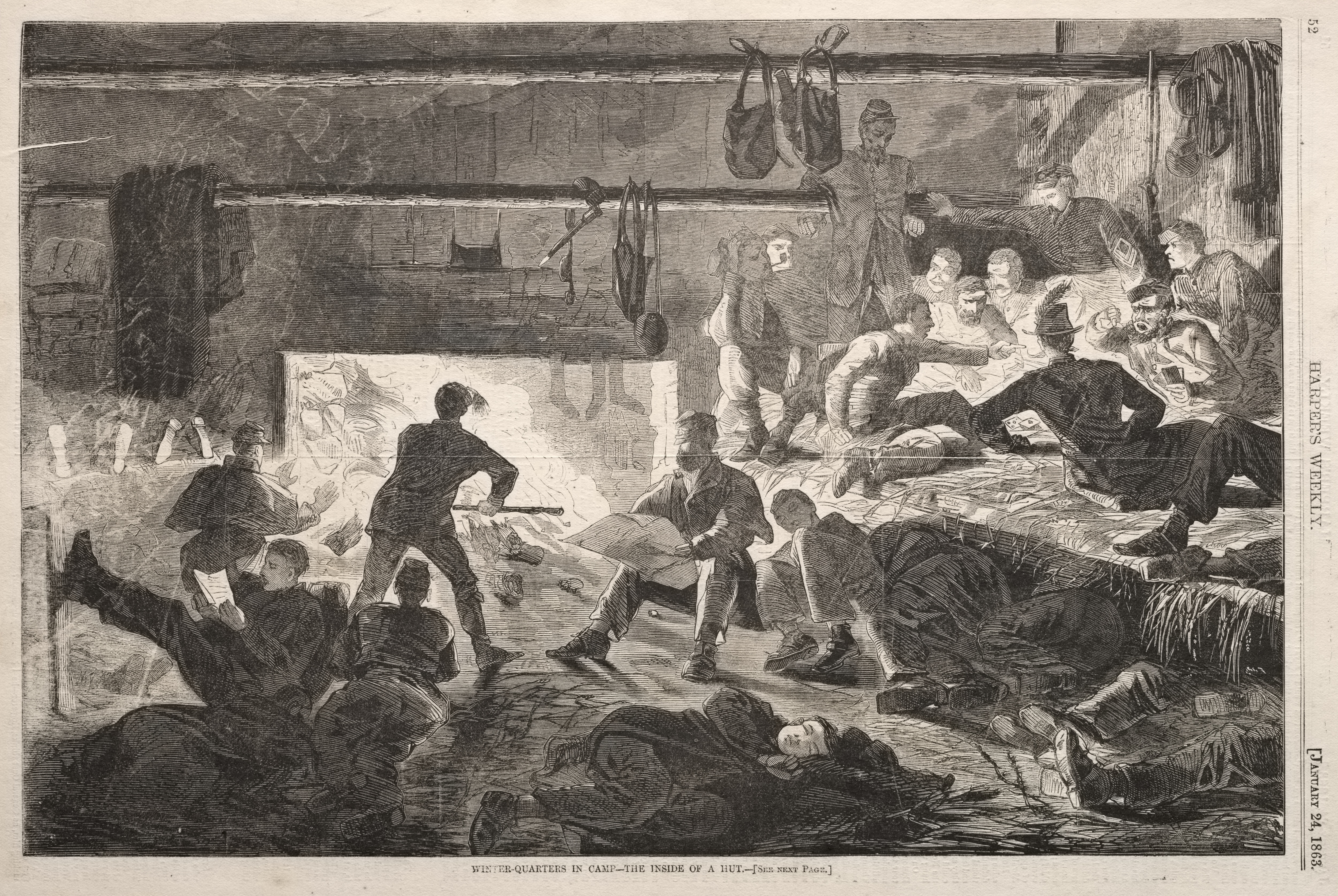 《冬季营地的小屋内》（winter quarters in camp the inside of a hut）｜温斯洛·霍默 Winslow Homer｜1863