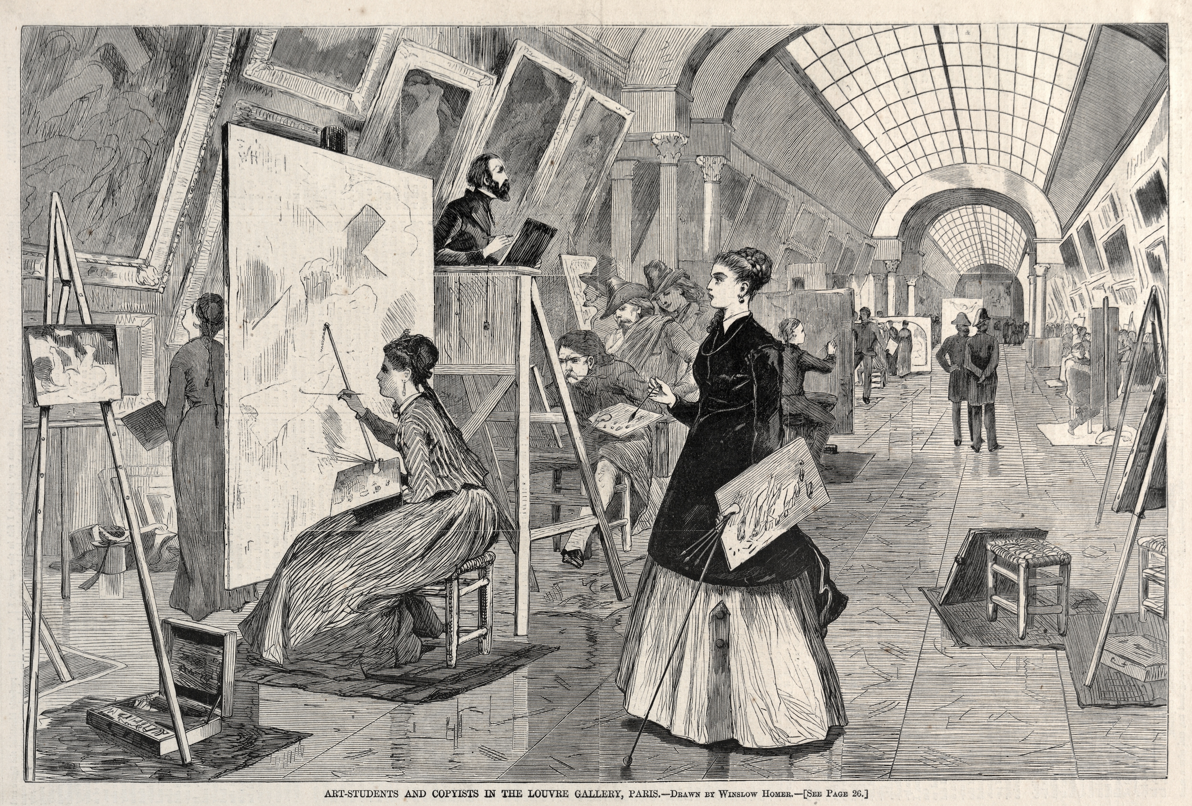 《巴黎卢浮宫画廊的艺术学生和抄写员》（art students and copyists in the louvre gallery paris）｜温斯洛·霍默 Winslow Homer｜1864