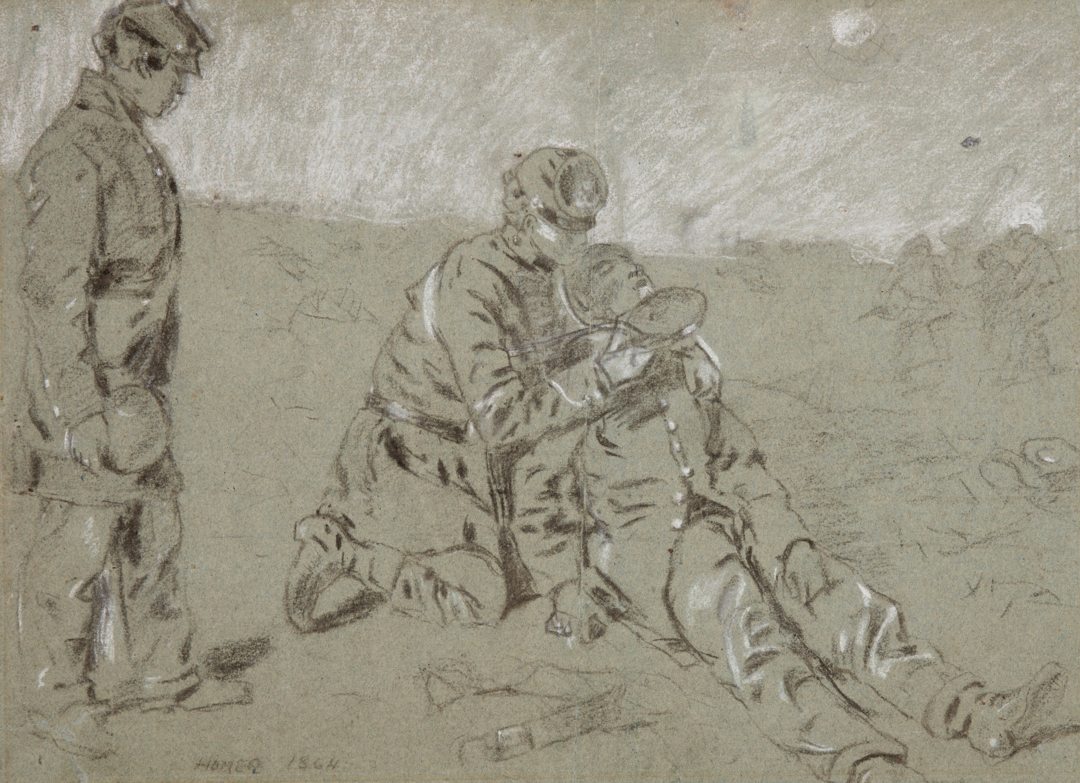 《士兵给受伤同伴送水》（soldier giving water to a wounded companion）｜温斯洛·霍默 Winslow Homer｜1864