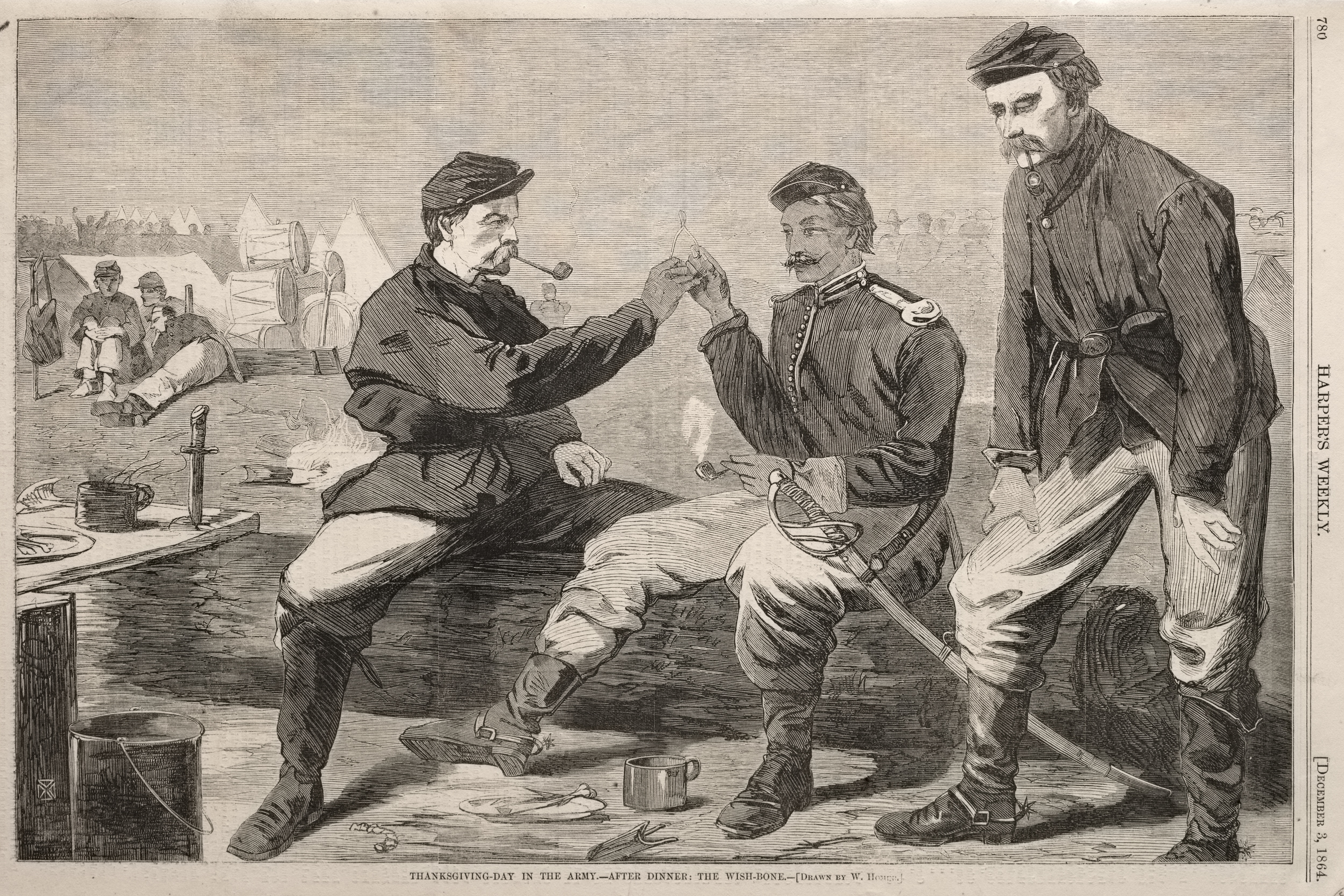 《感恩节在部队晚饭后许愿骨》（thanksgiving day in the army after dinner the wish bone）｜温斯洛·霍默 Winslow Homer｜1864