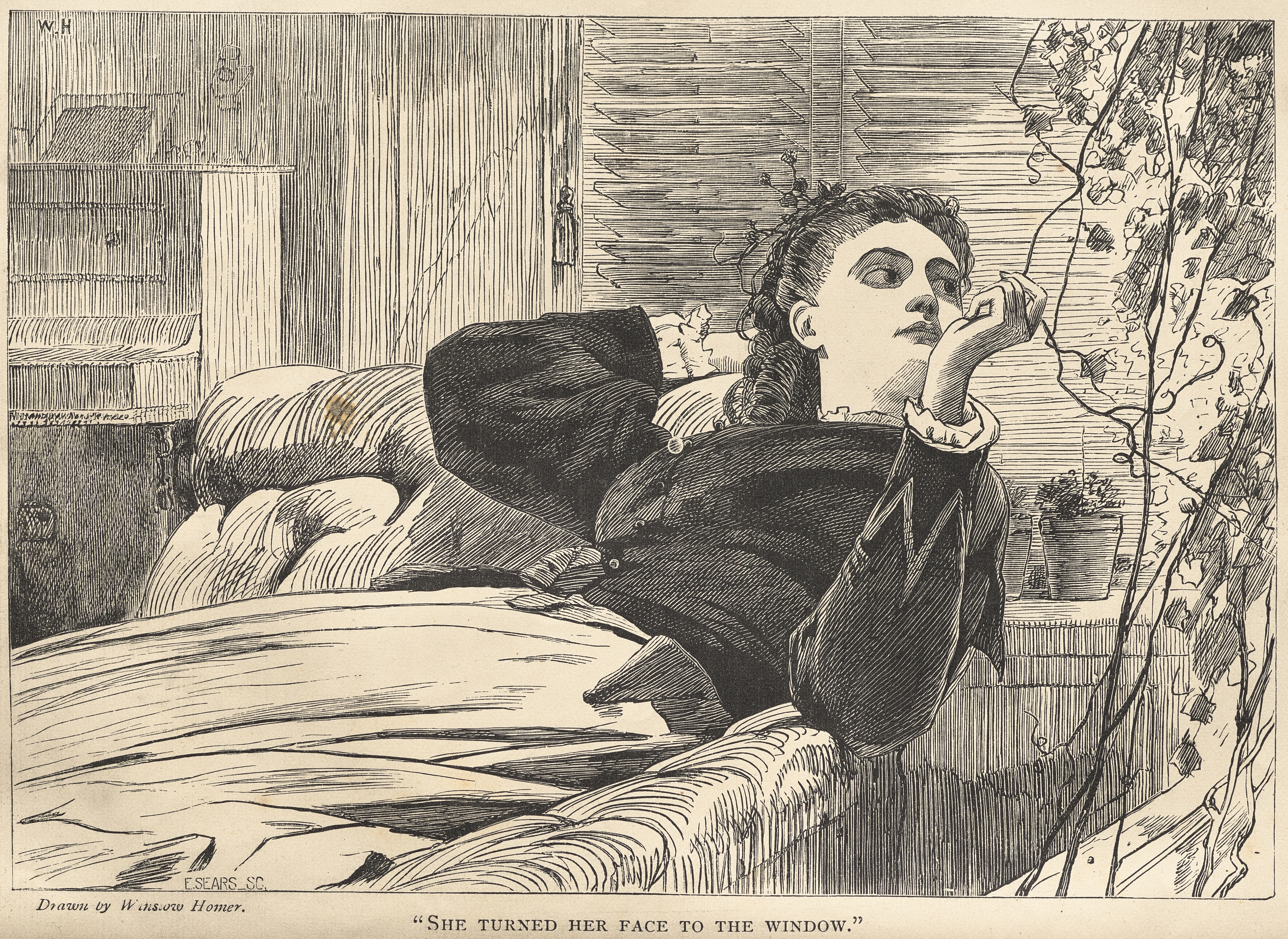 《她把脸转向窗户》（she turned her face to the window）｜温斯洛·霍默 Winslow Homer｜1868