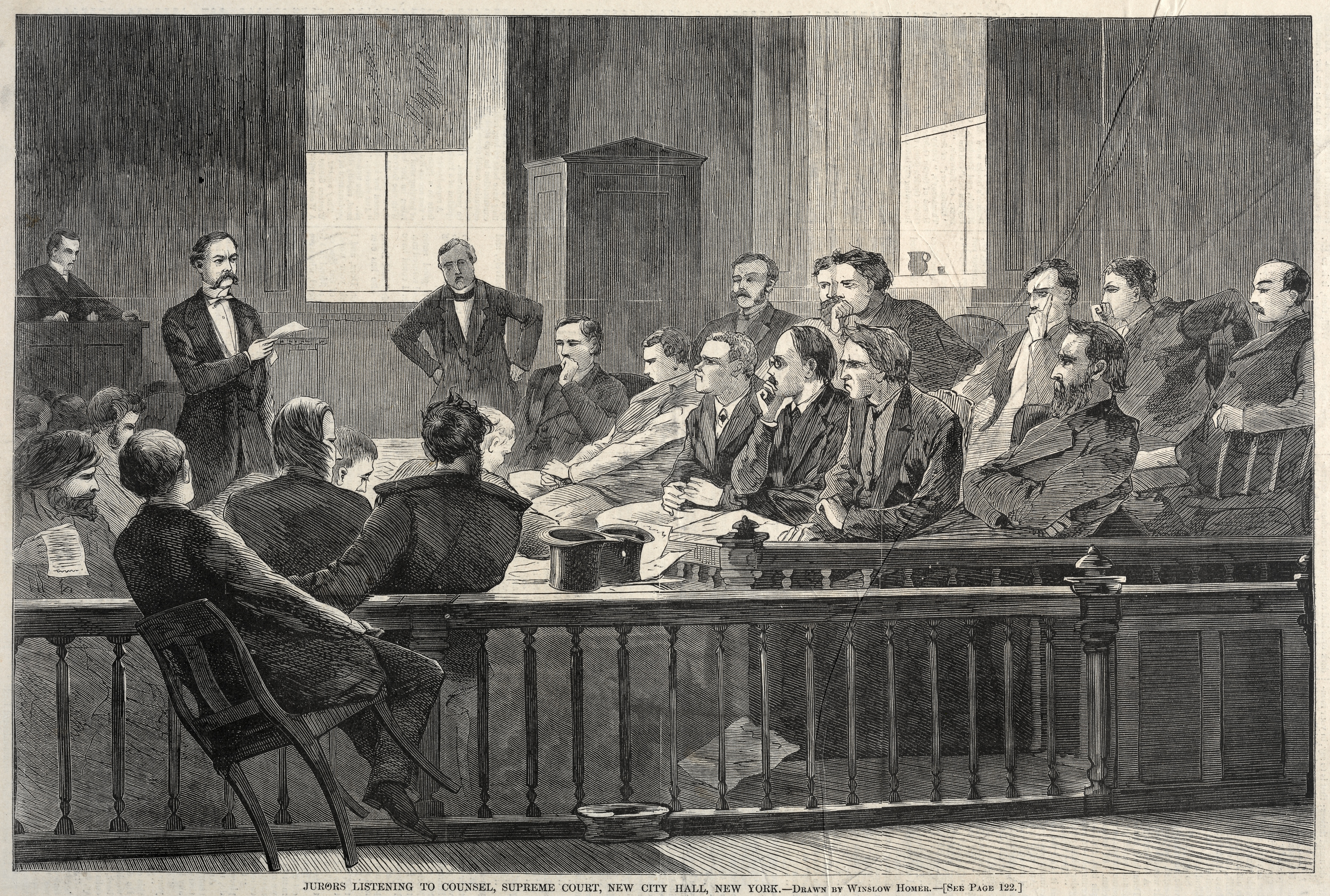《陪审员听取律师意见最高法院新市政厅纽约》（jurors listening to counsel supreme court new city hall new york）｜温斯洛·霍默 Winslow Homer｜1869