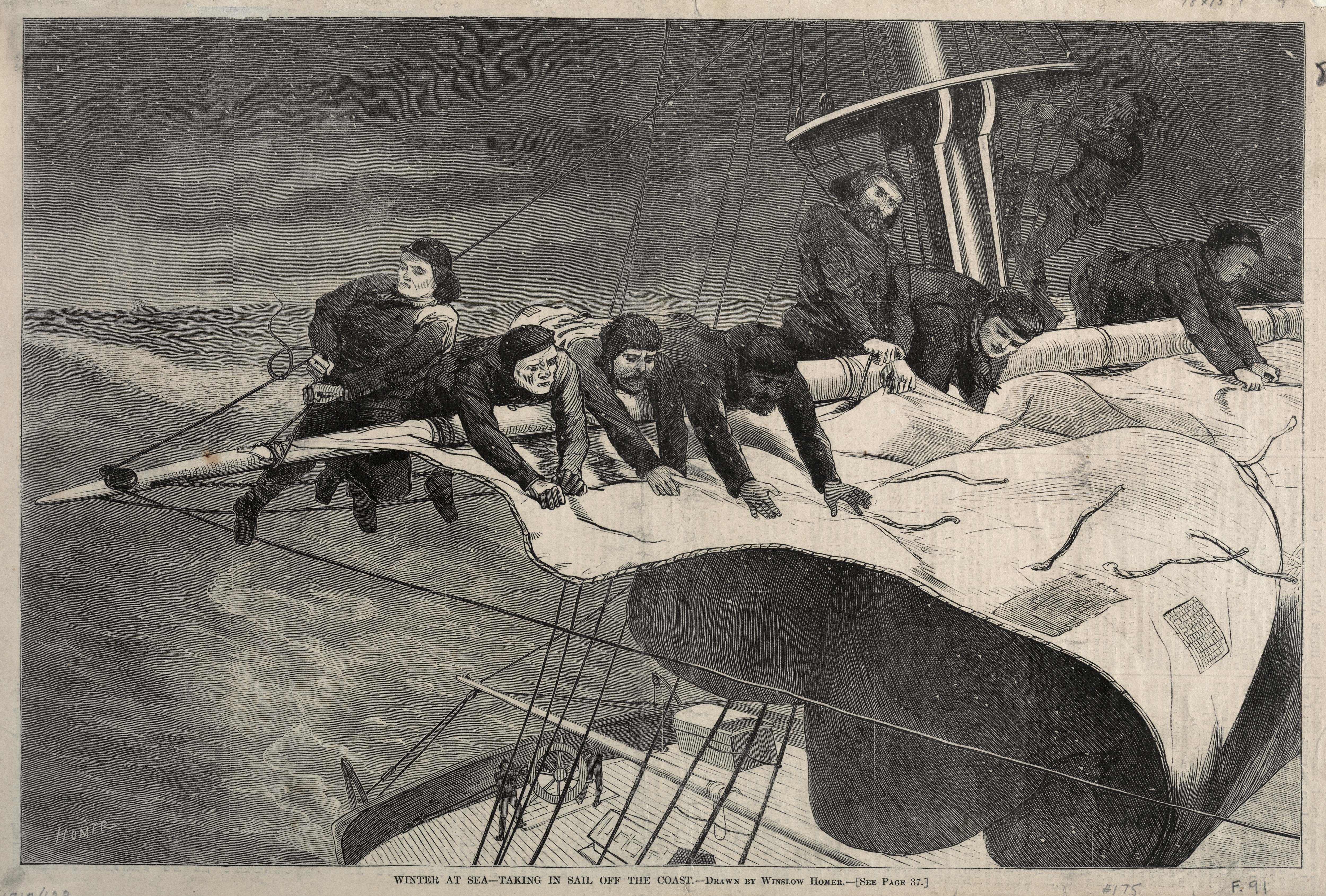 《冬天在海上扬帆离岸》（winter at sea taking in sail off the coast）｜温斯洛·霍默 Winslow Homer｜1869