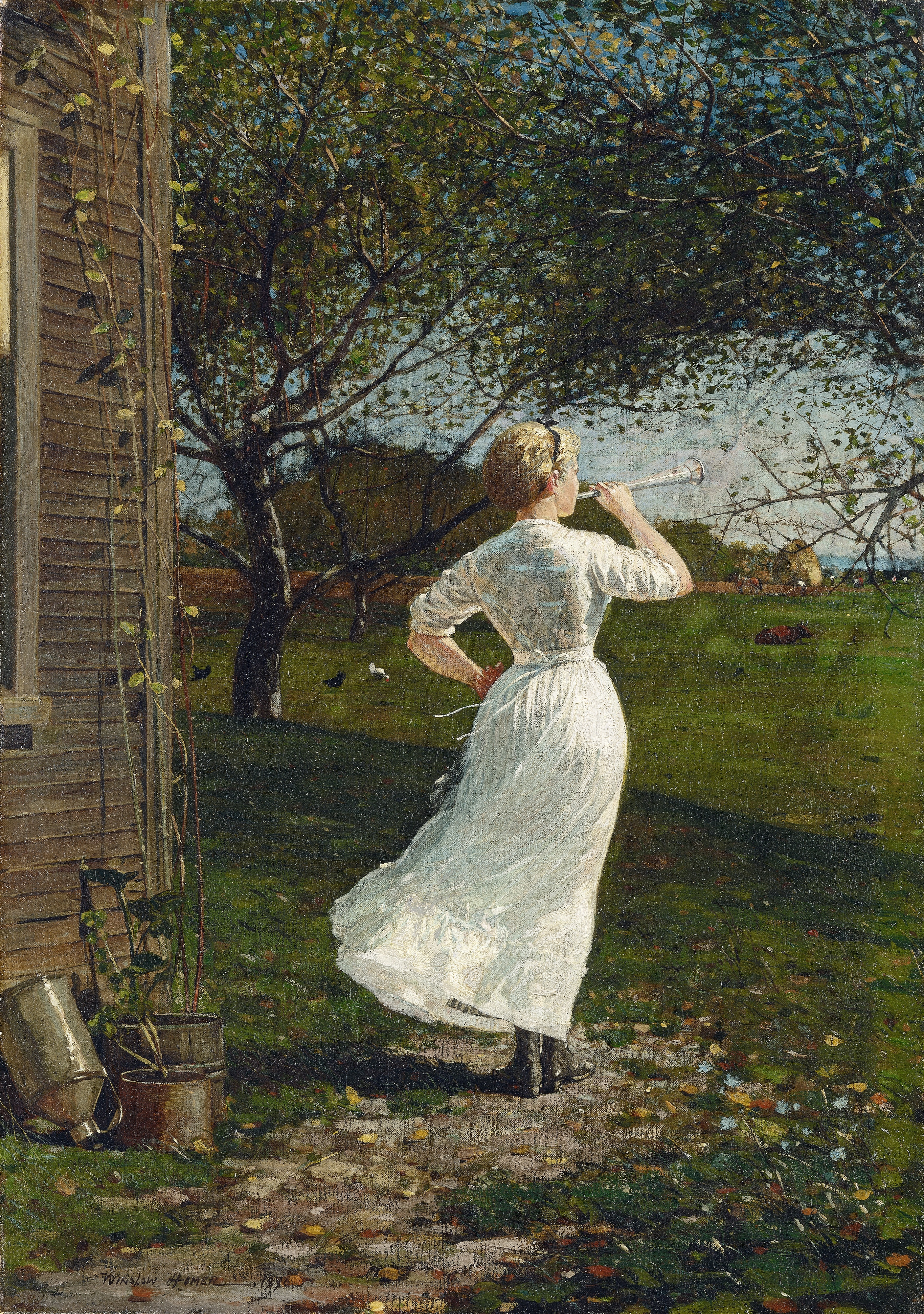 《晚餐号角在海边吹响号角》（the dinner horn blowing the horn at seaside）｜温斯洛·霍默 Winslow Homer｜1870