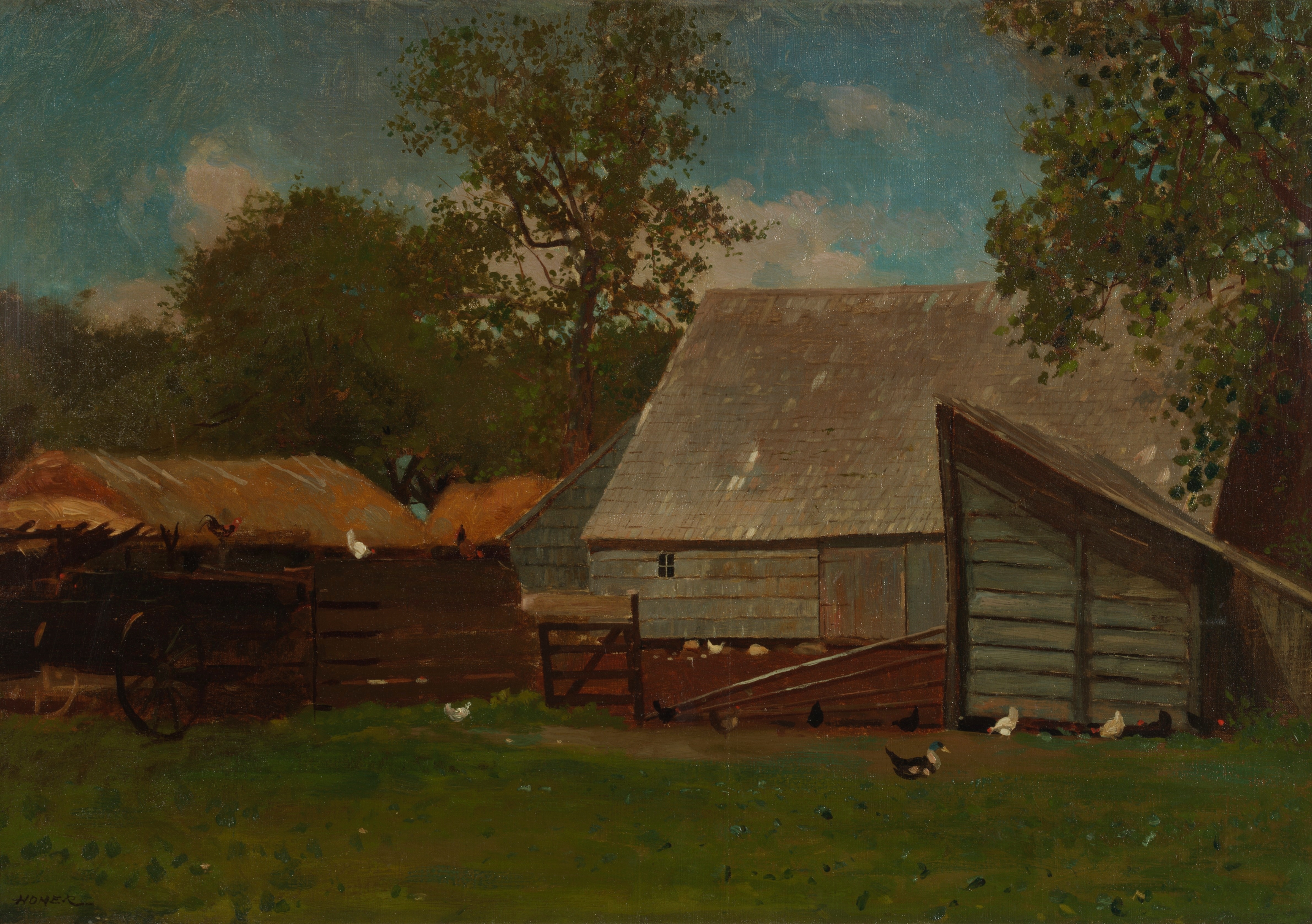 《有鸭子和鸡的农家院》（farmyard with ducks and chickens）｜温斯洛·霍默 Winslow Homer｜1872–1873