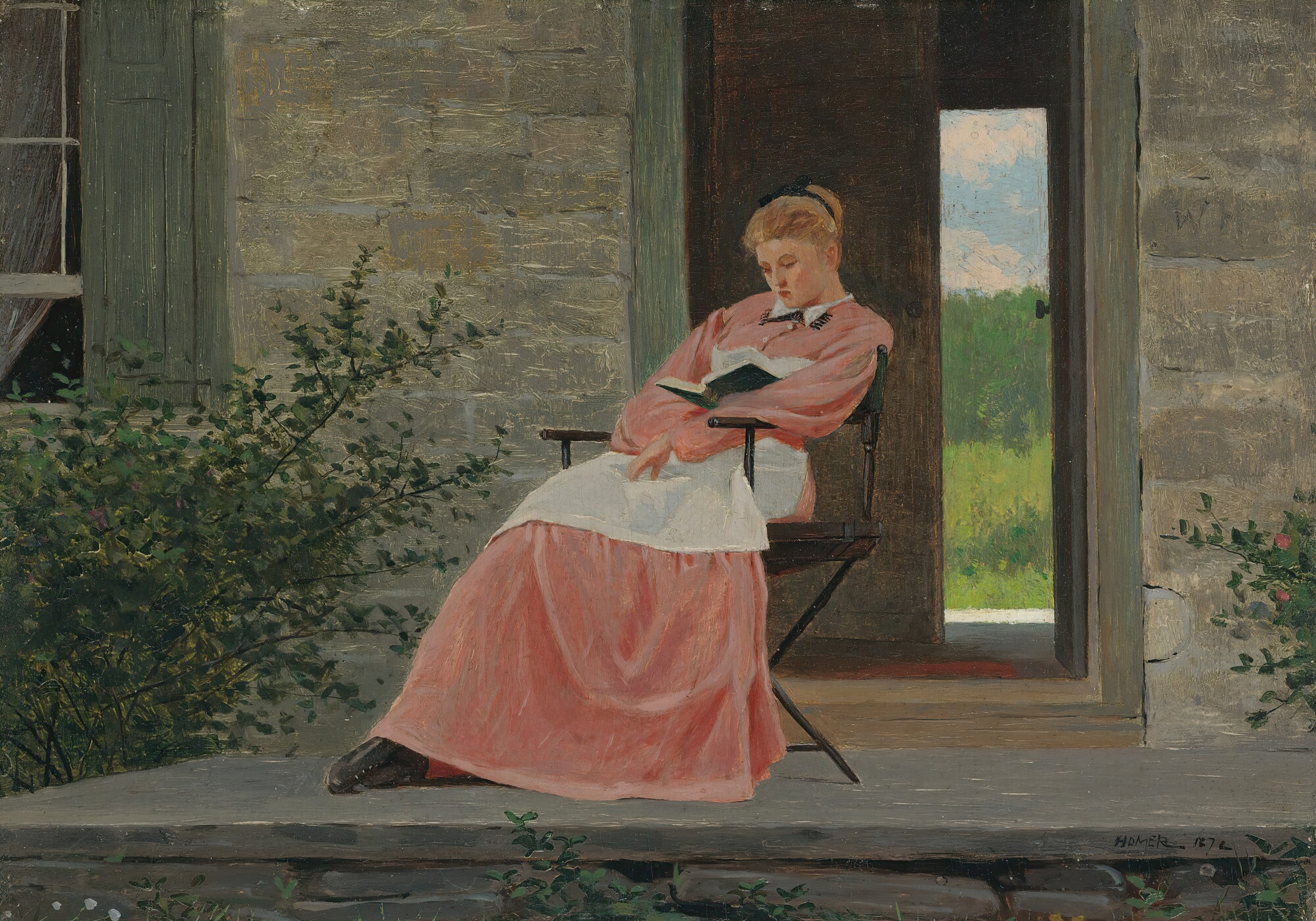 《在石廊上看书的女孩》（girl reading on a stone porch）｜温斯洛·霍默 Winslow Homer｜1872