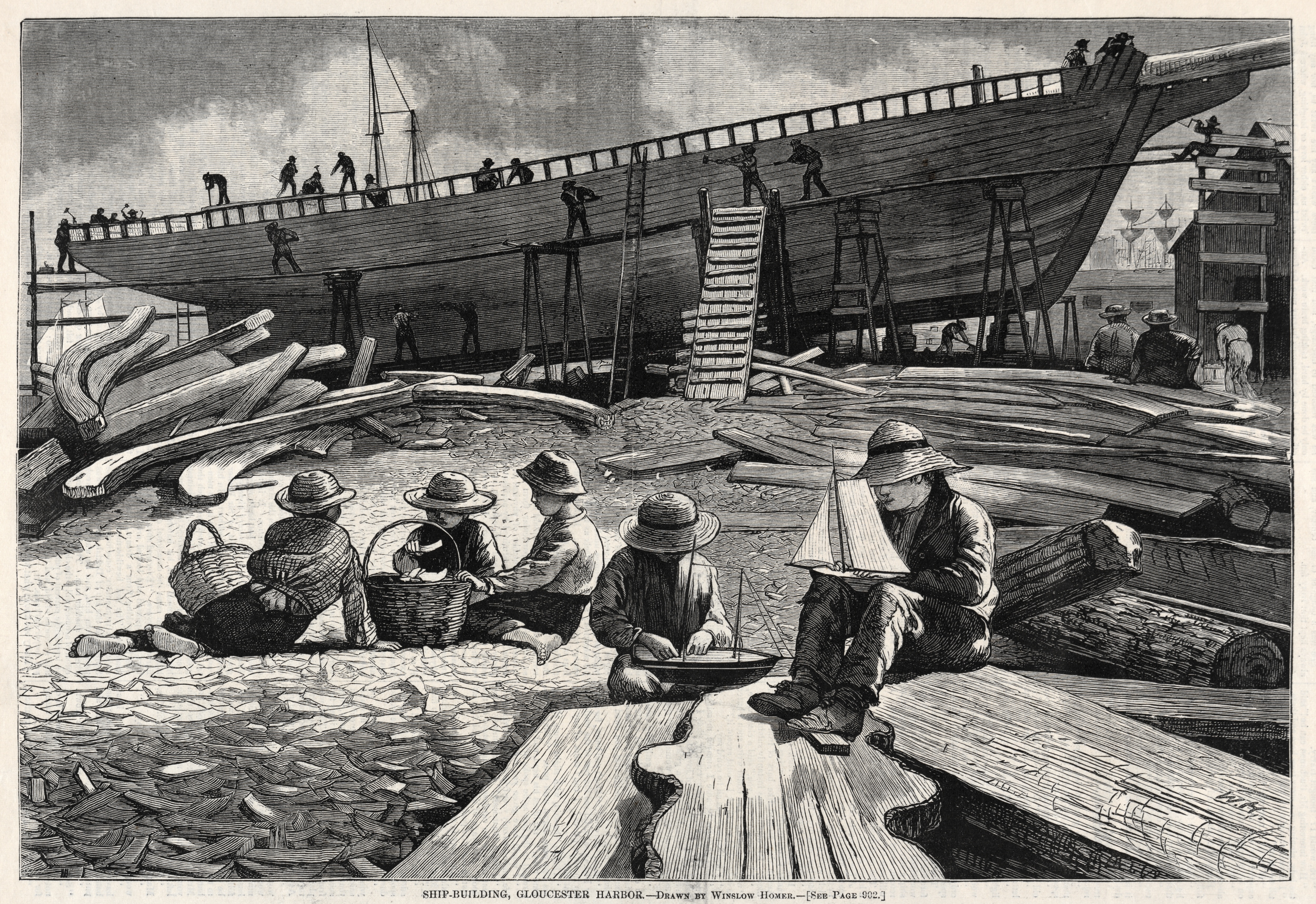 《造船厂 格洛斯特港》（ship building gloucester harbor）｜温斯洛·霍默 Winslow Homer｜1873