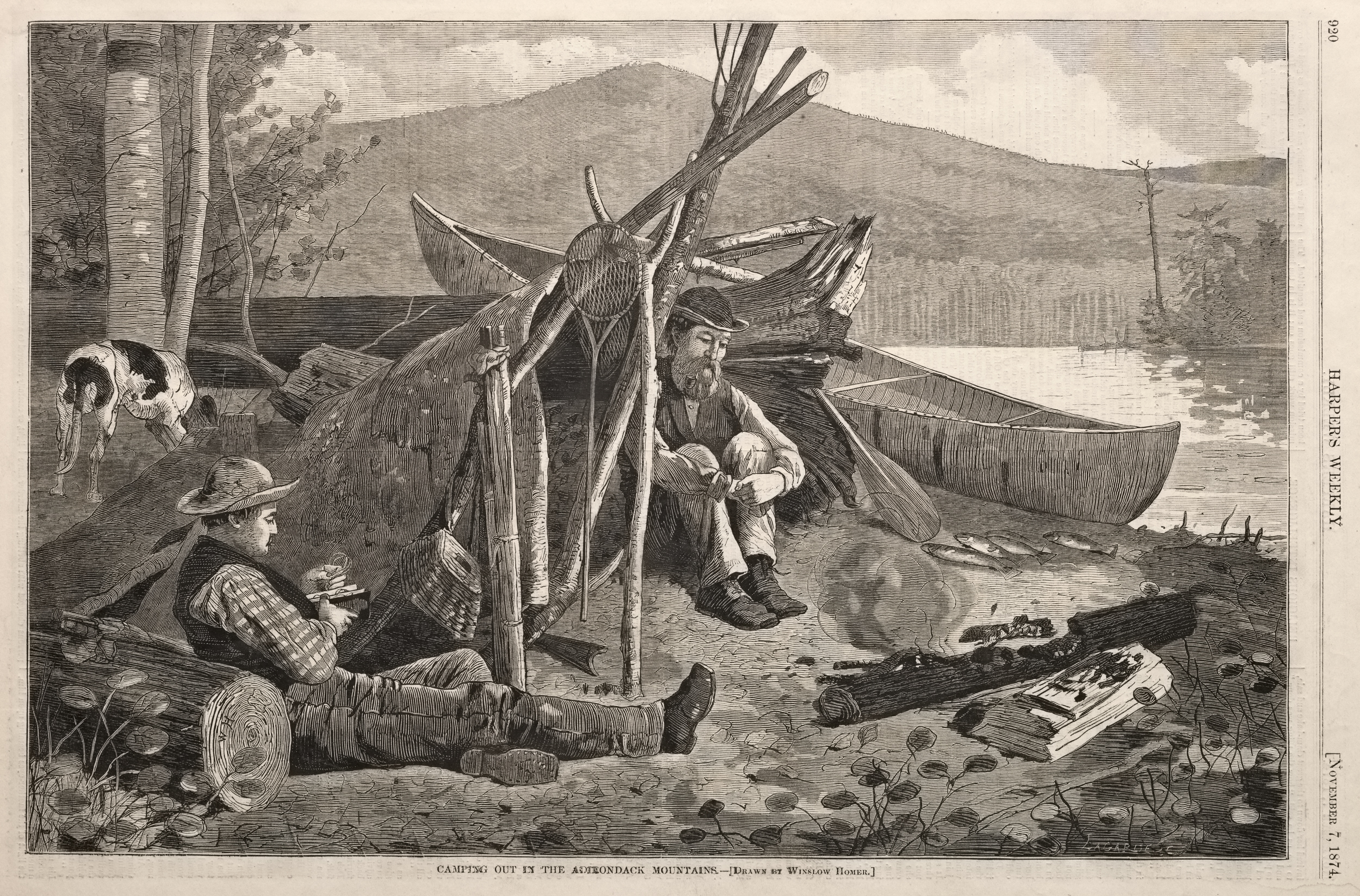 《在阿迪朗达克山脉露营》（camping out in the adirondack mountains）｜温斯洛·霍默 Winslow Homer｜1874