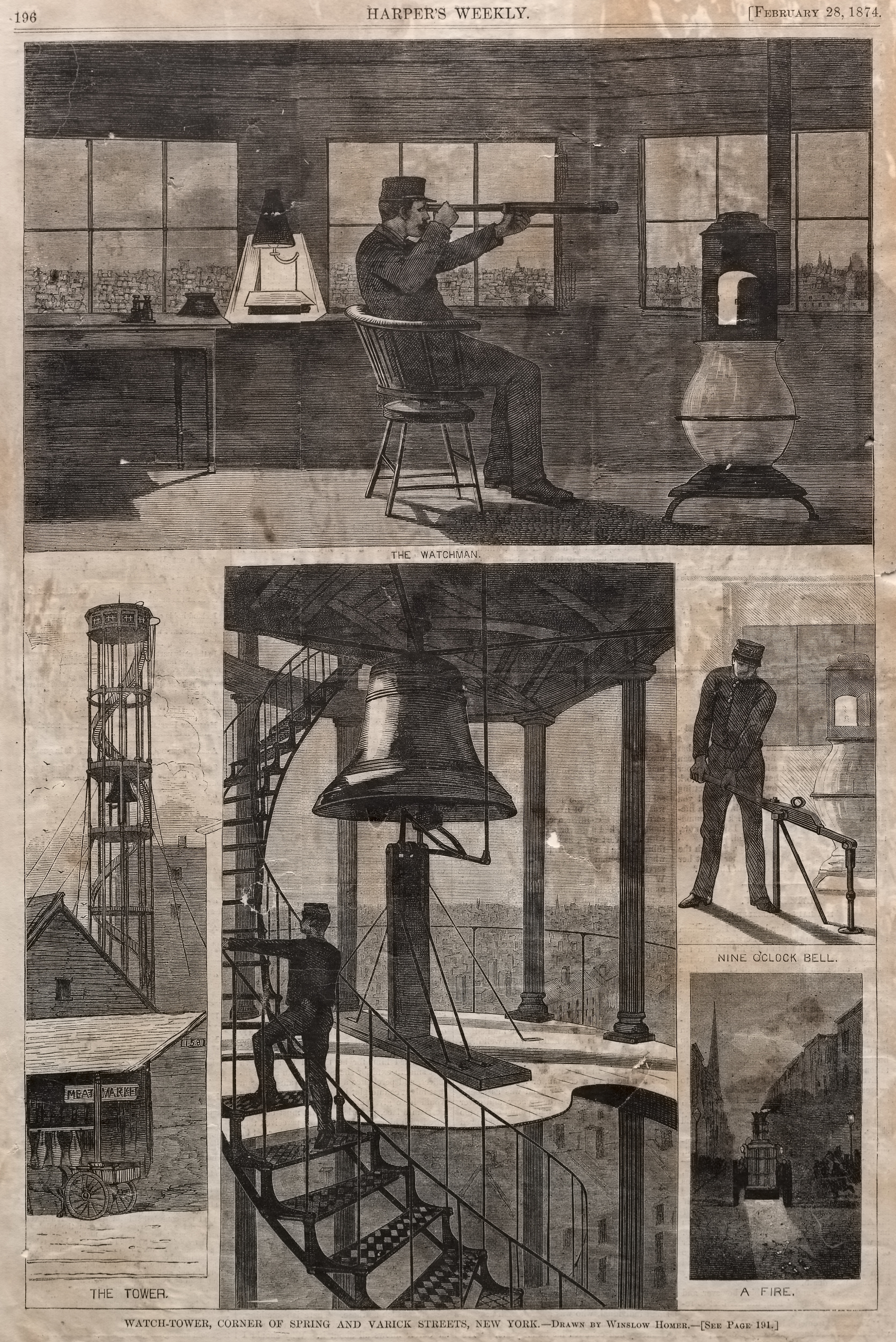 《纽约春天和瓦里克街的瞭望塔角》（watch tower corner of spring and varick streets new york）｜温斯洛·霍默 Winslow Homer｜1874