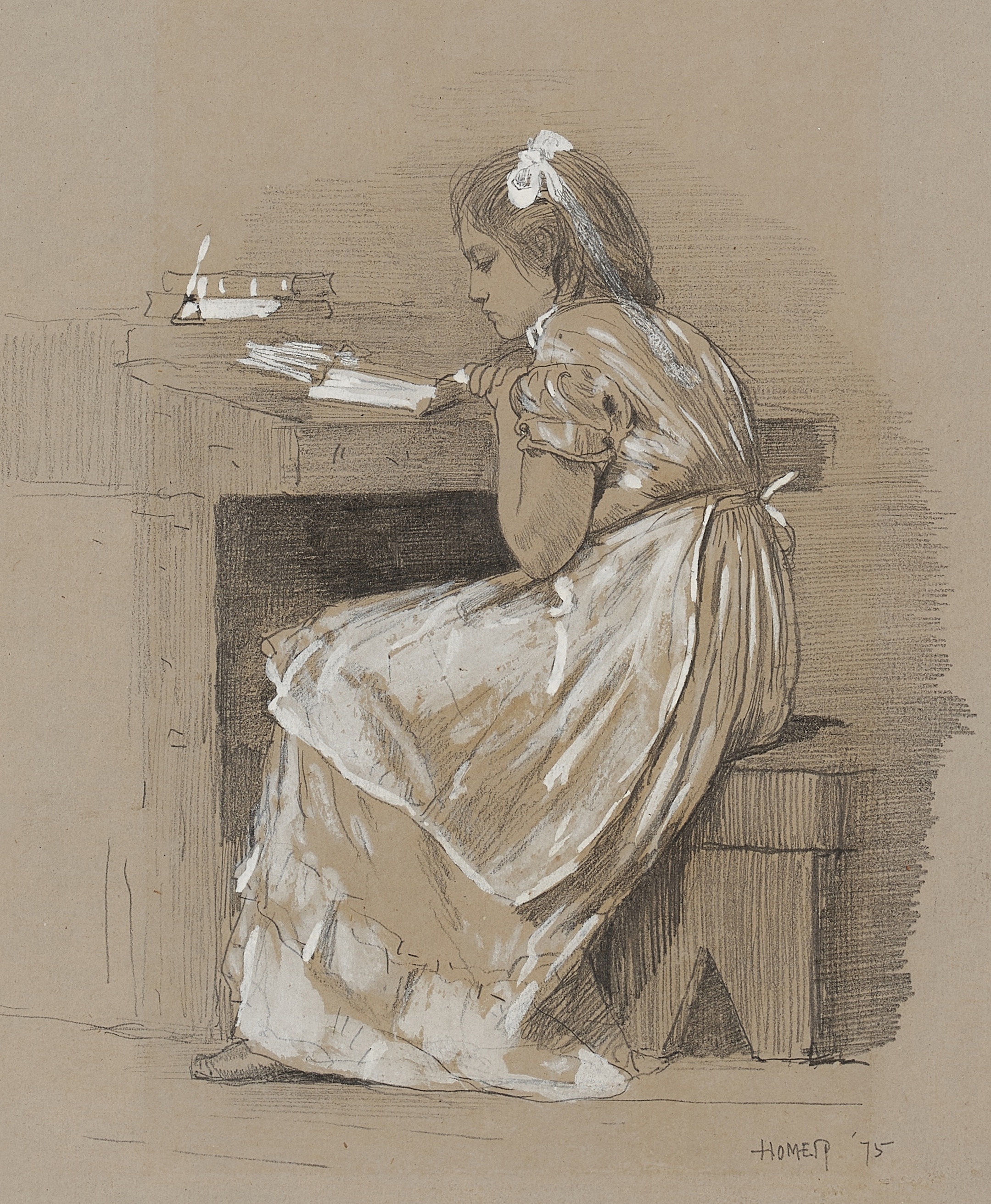 《坐在办公桌前看书的女孩》（girl reading at her desk）｜温斯洛·霍默 Winslow Homer｜1875