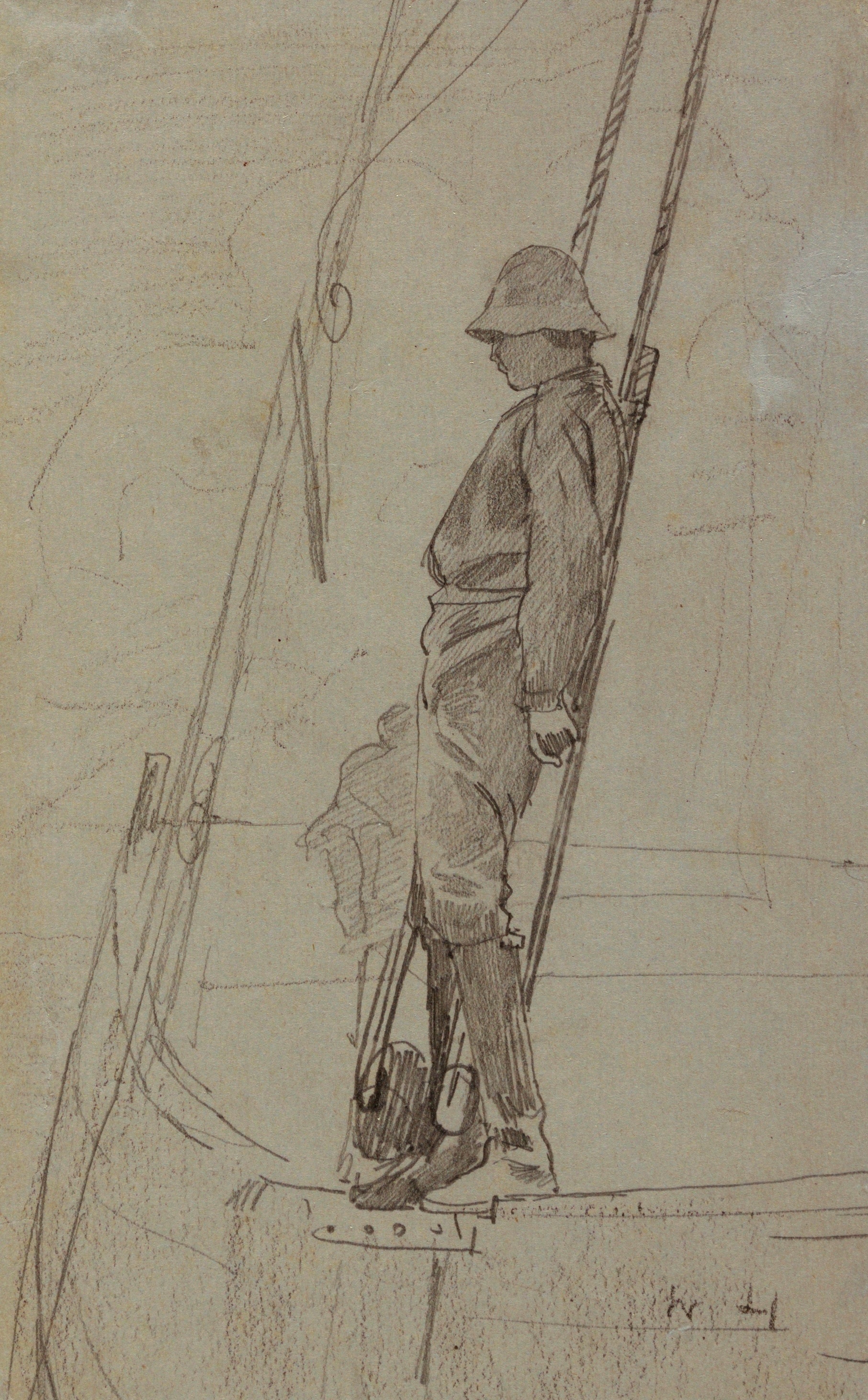 《靠在帆船索具上的年轻人》（young man leaning against sailboat rigging）｜温斯洛·霍默 Winslow Homer｜1875