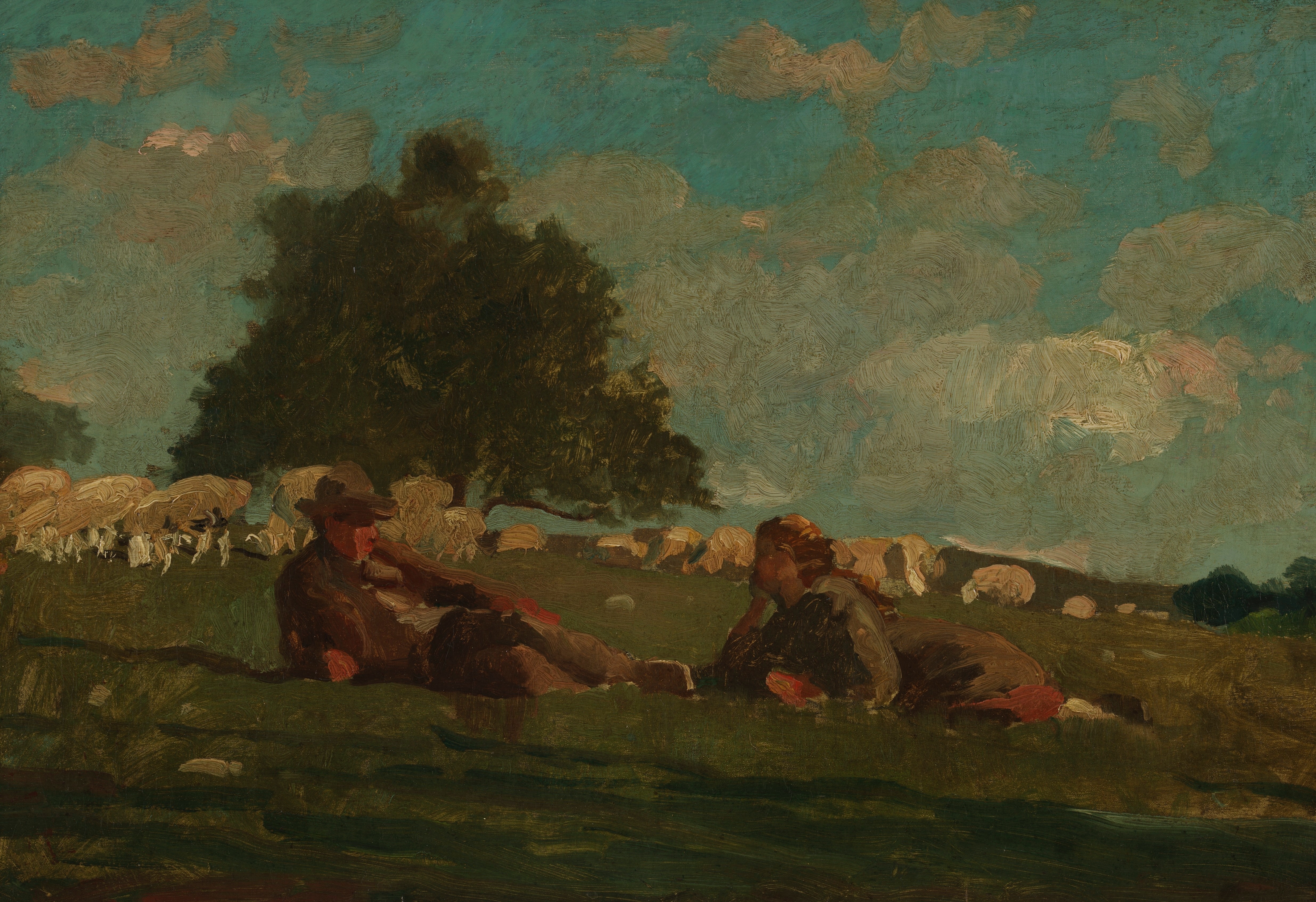 《男孩和女孩在有羊的田野里》（boy and girl in a field with sheep）｜温斯洛·霍默 Winslow Homer｜1878
