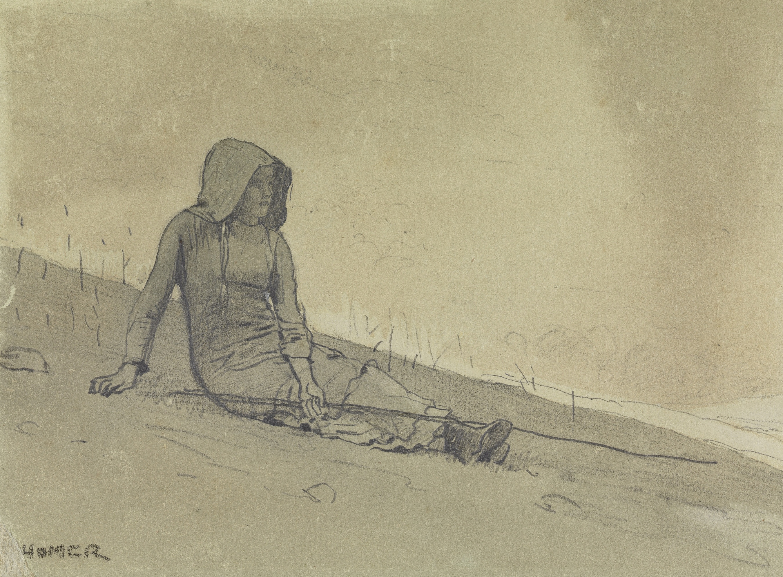 《坐在山坡上的女孩》（girl seated on a hillside）｜温斯洛·霍默 Winslow Homer｜1878