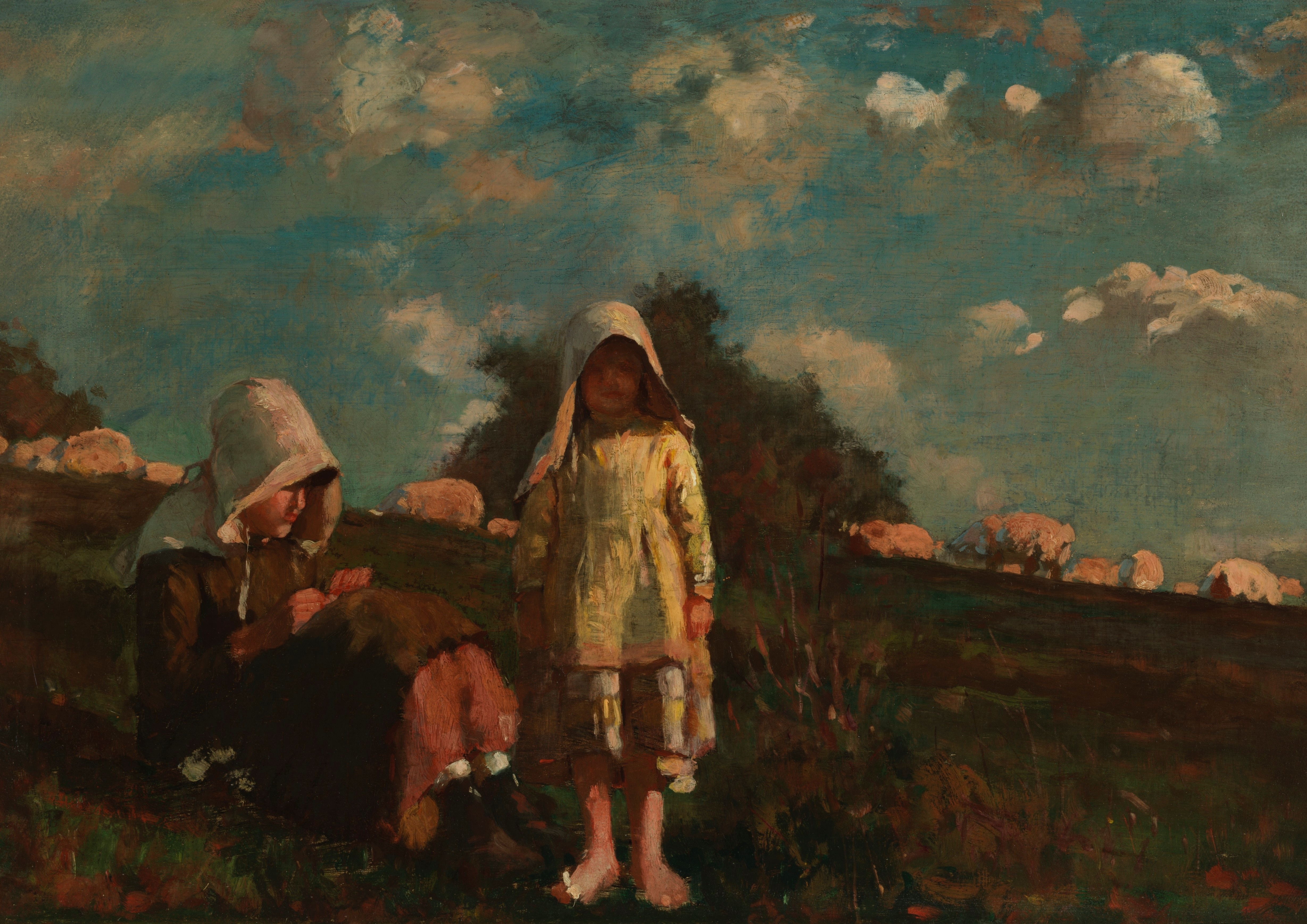 《田野里两个戴遮阳帽的女孩》（two girls with sunbonnets in a field）｜温斯洛·霍默 Winslow Homer｜1878
