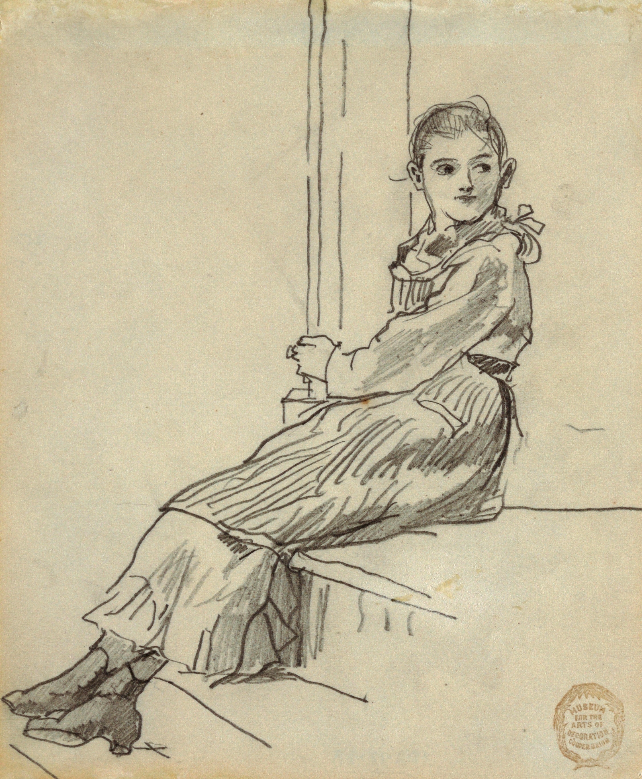 《坐在门廊台阶上的女孩》（girl seated on a porch step）｜温斯洛·霍默 Winslow Homer｜1879