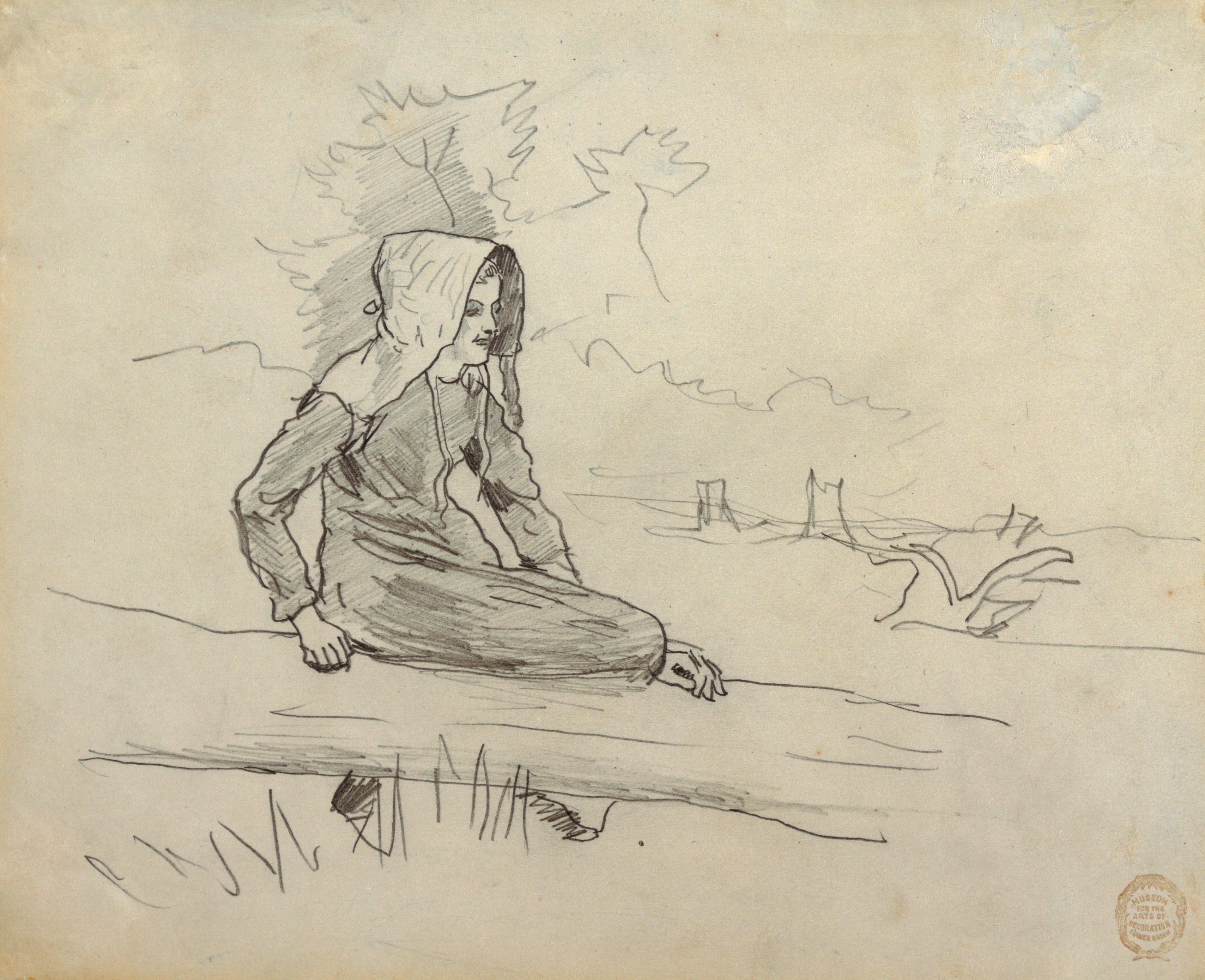 《坐在树干上的女孩》（girl seated on a tree trunk）｜温斯洛·霍默 Winslow Homer｜1879
