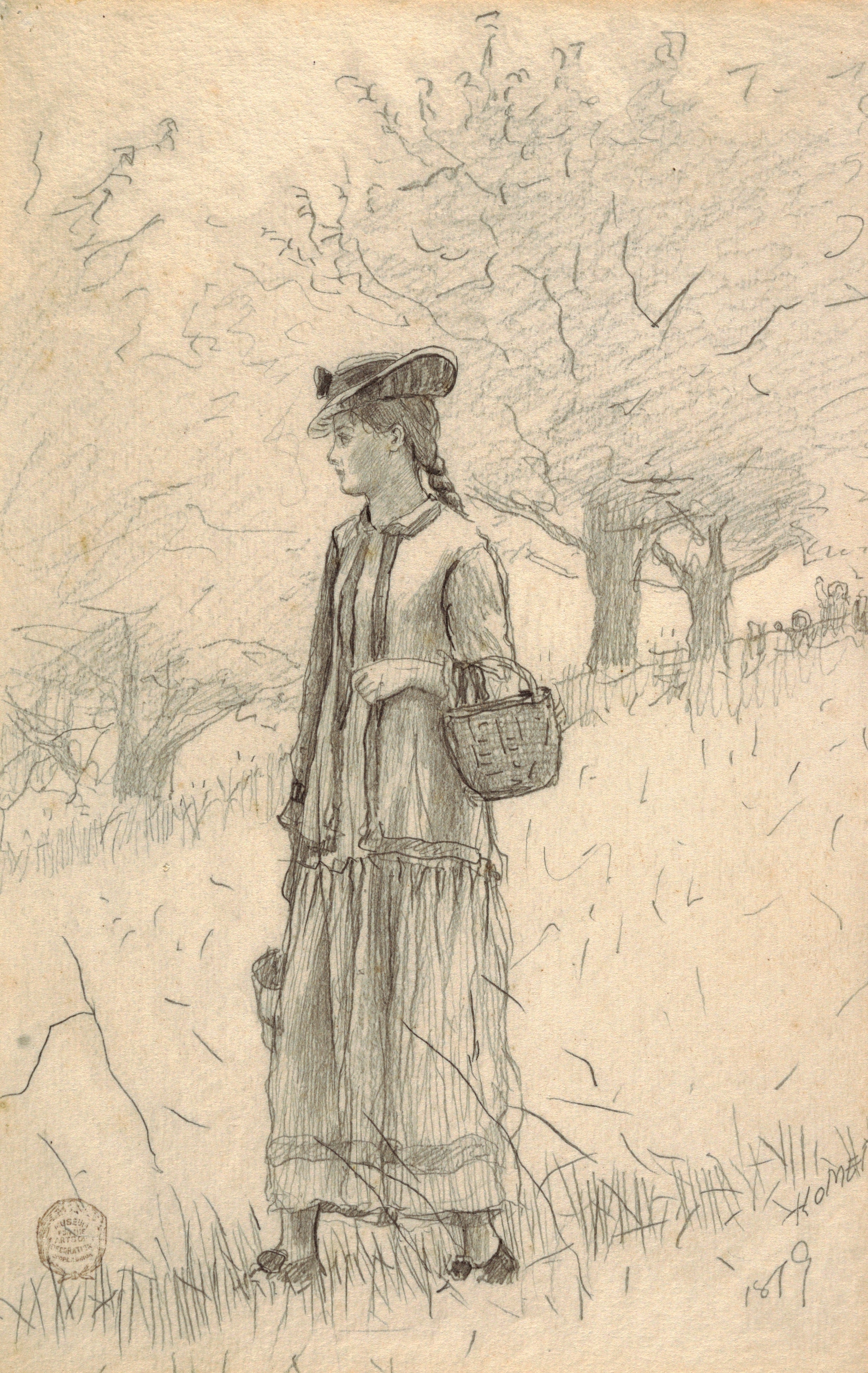 《提着篮子的年轻女子》（young woman carrying a basket）｜温斯洛·霍默 Winslow Homer｜1879