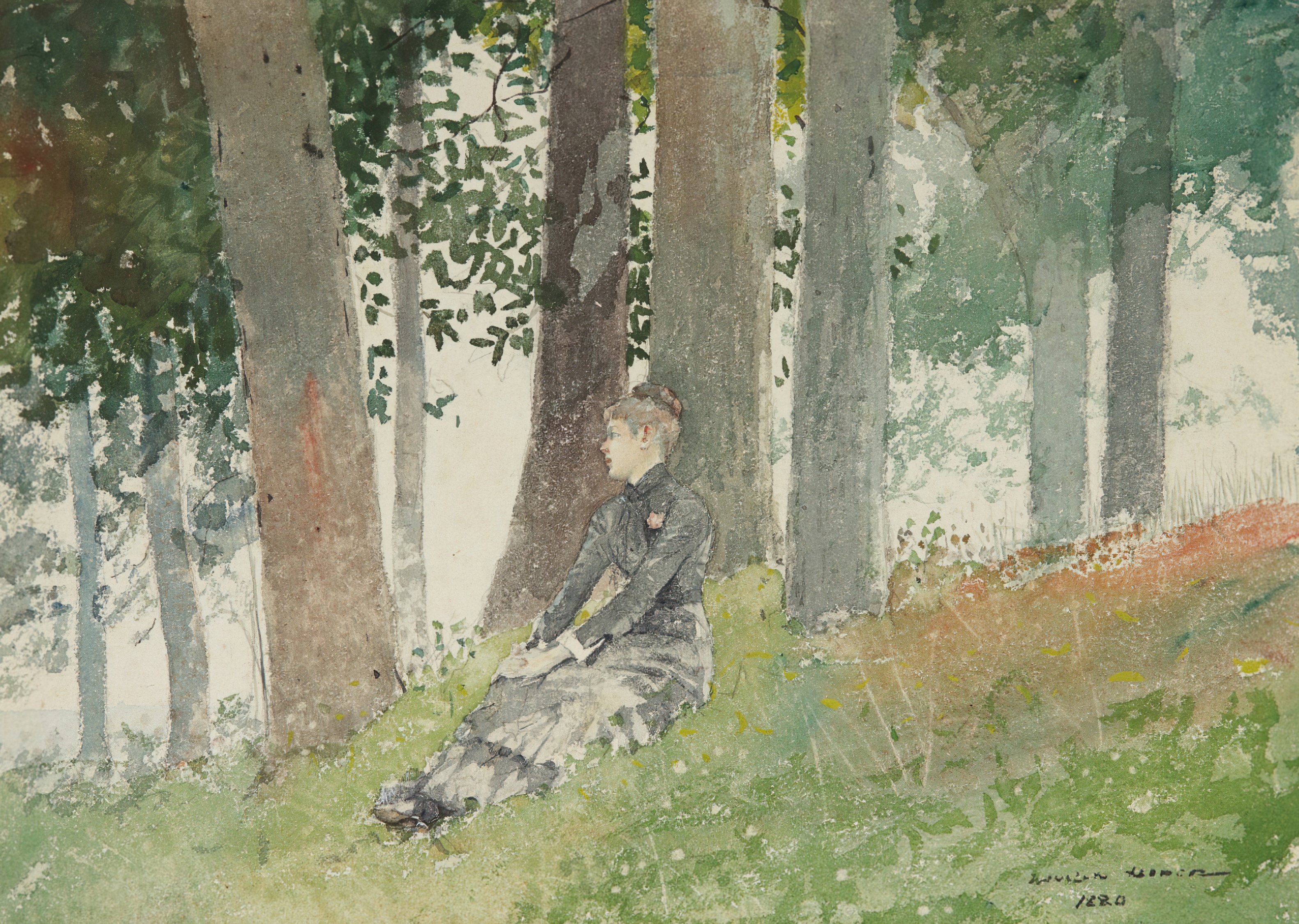 《坐在树林里的女孩》（girl seated in a grove）｜温斯洛·霍默 Winslow Homer｜1880
