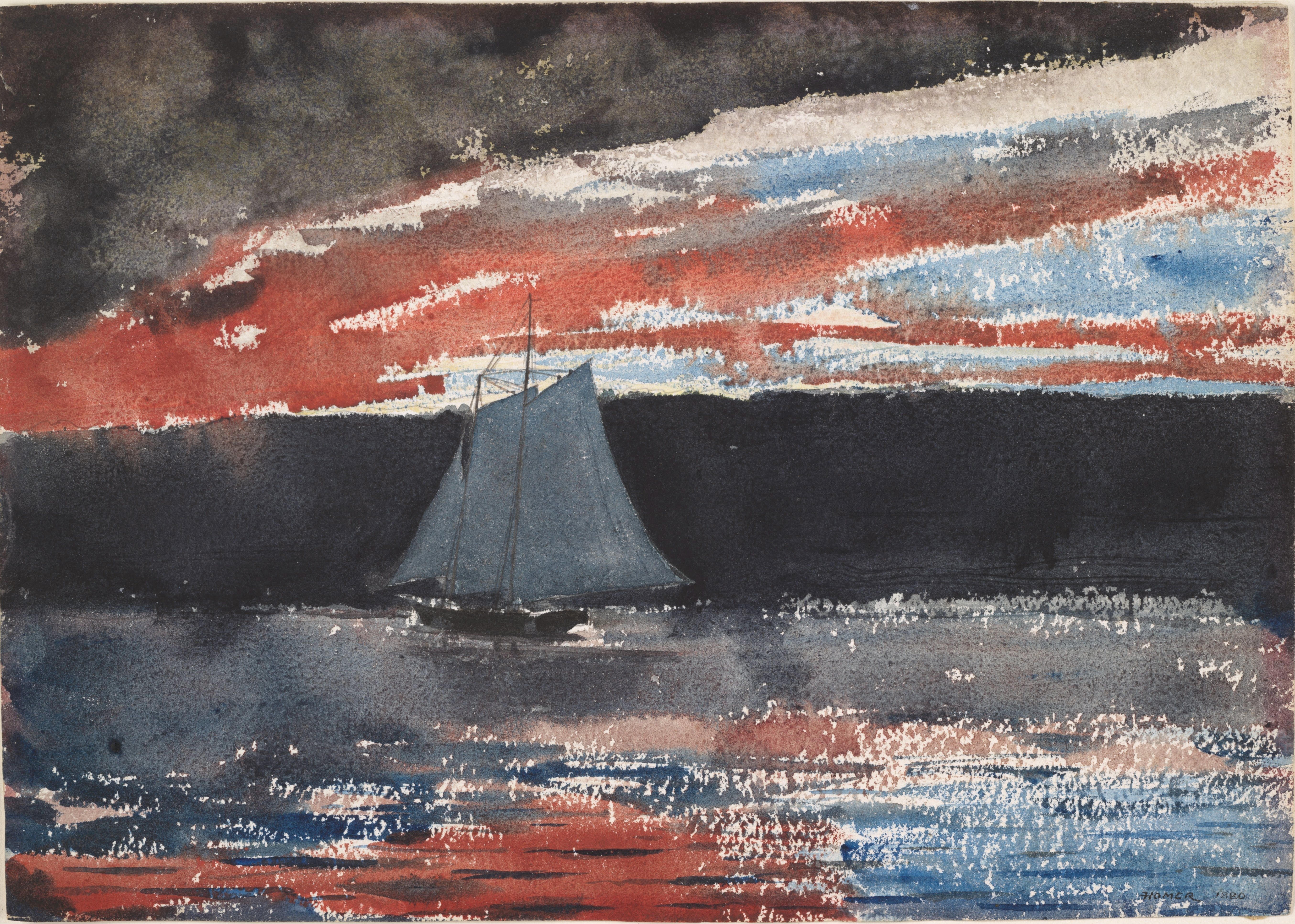 《夕阳下的帆船》（schooner at sunset）｜温斯洛·霍默 Winslow Homer｜1880