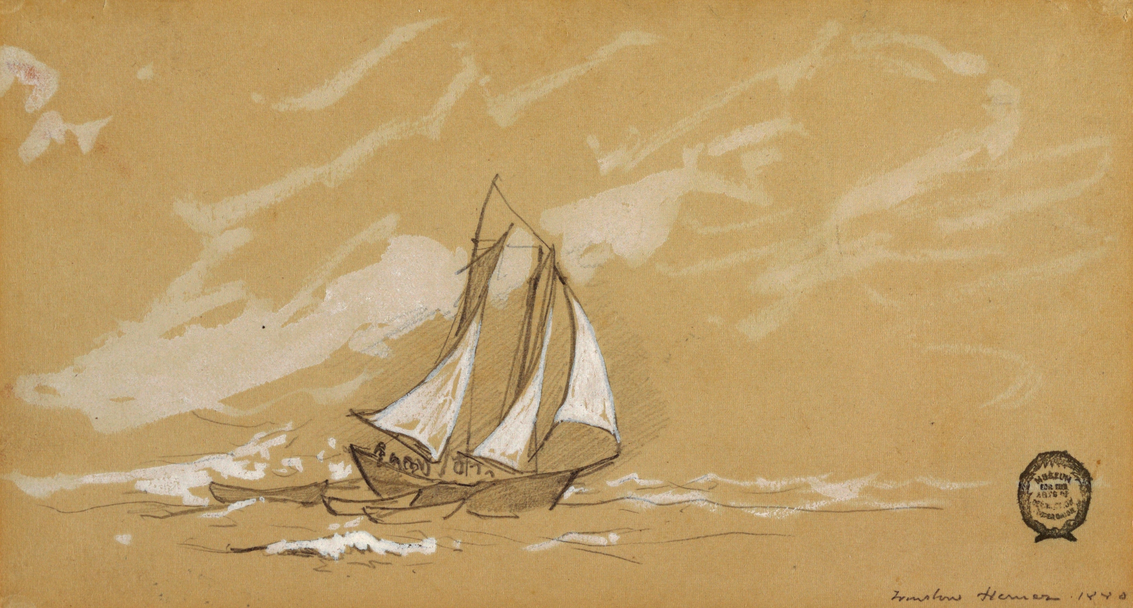 《载有三艘平底渔船的纵帆船》（schooner with three dories）｜温斯洛·霍默 Winslow Homer｜1880