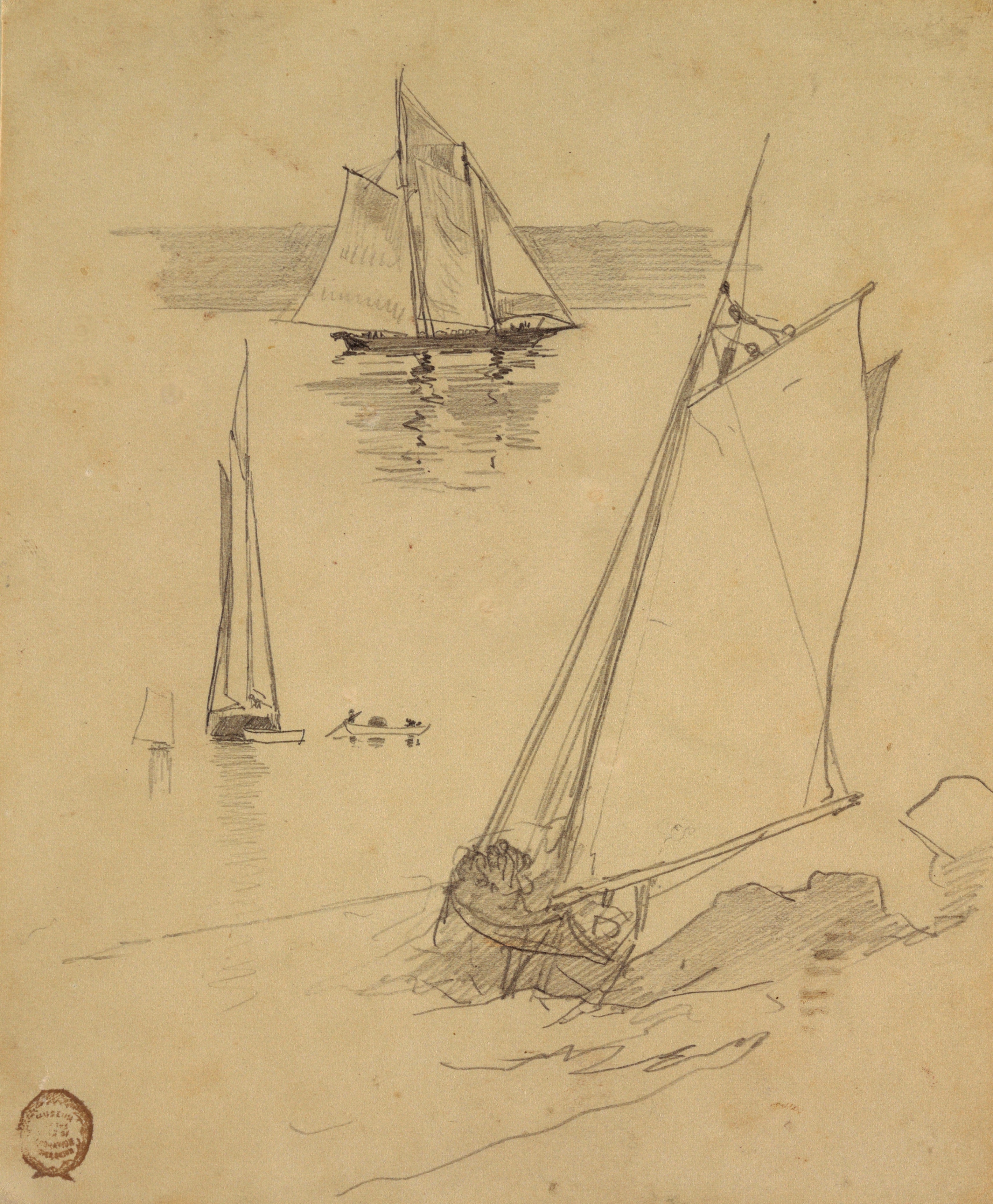 《三张纵帆船草图》（three sketches of schooners）｜温斯洛·霍默 Winslow Homer｜约1880