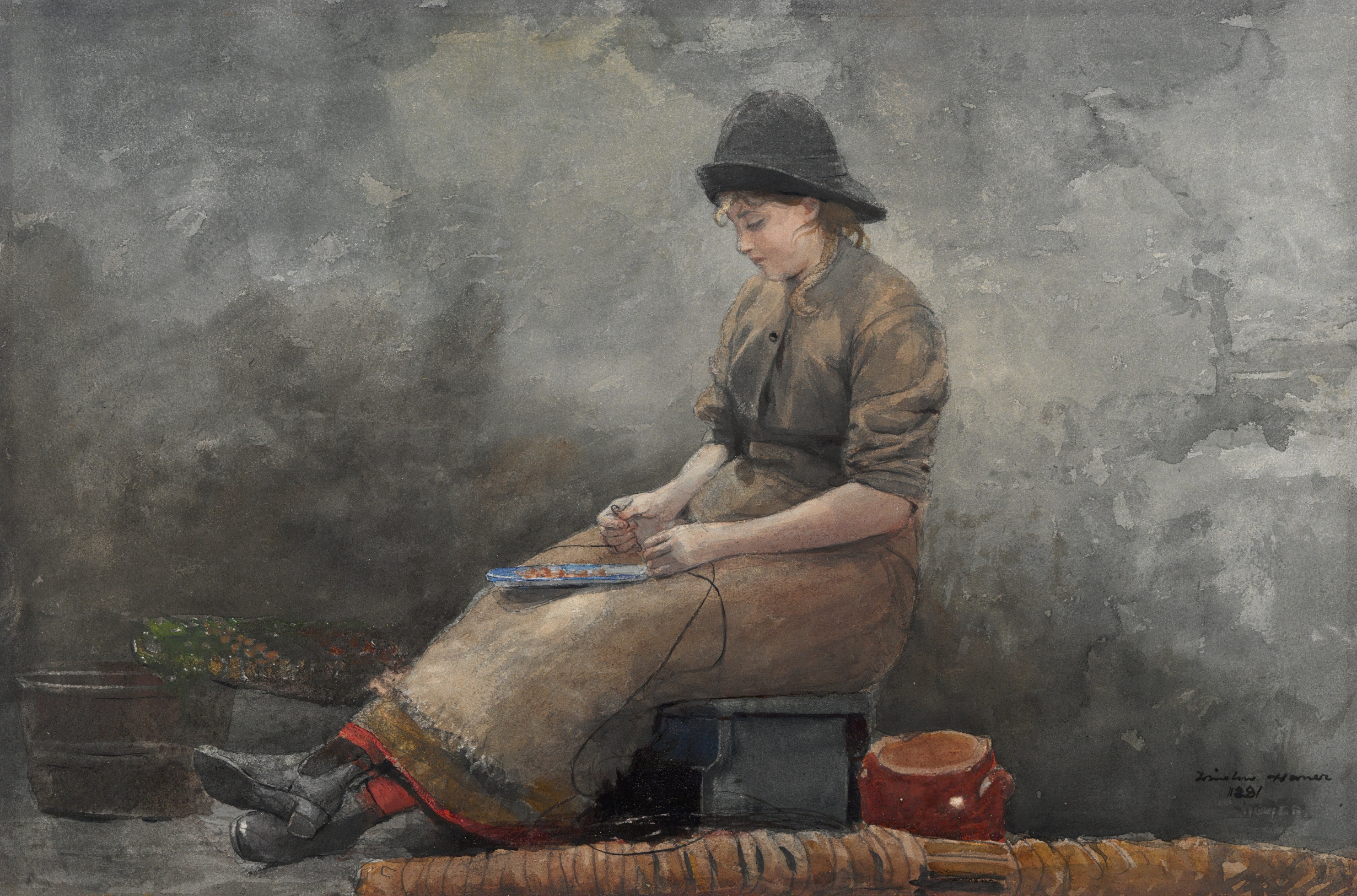 《渔女诱饵线》（a fishergirl baiting lines）｜温斯洛·霍默 Winslow Homer｜1881