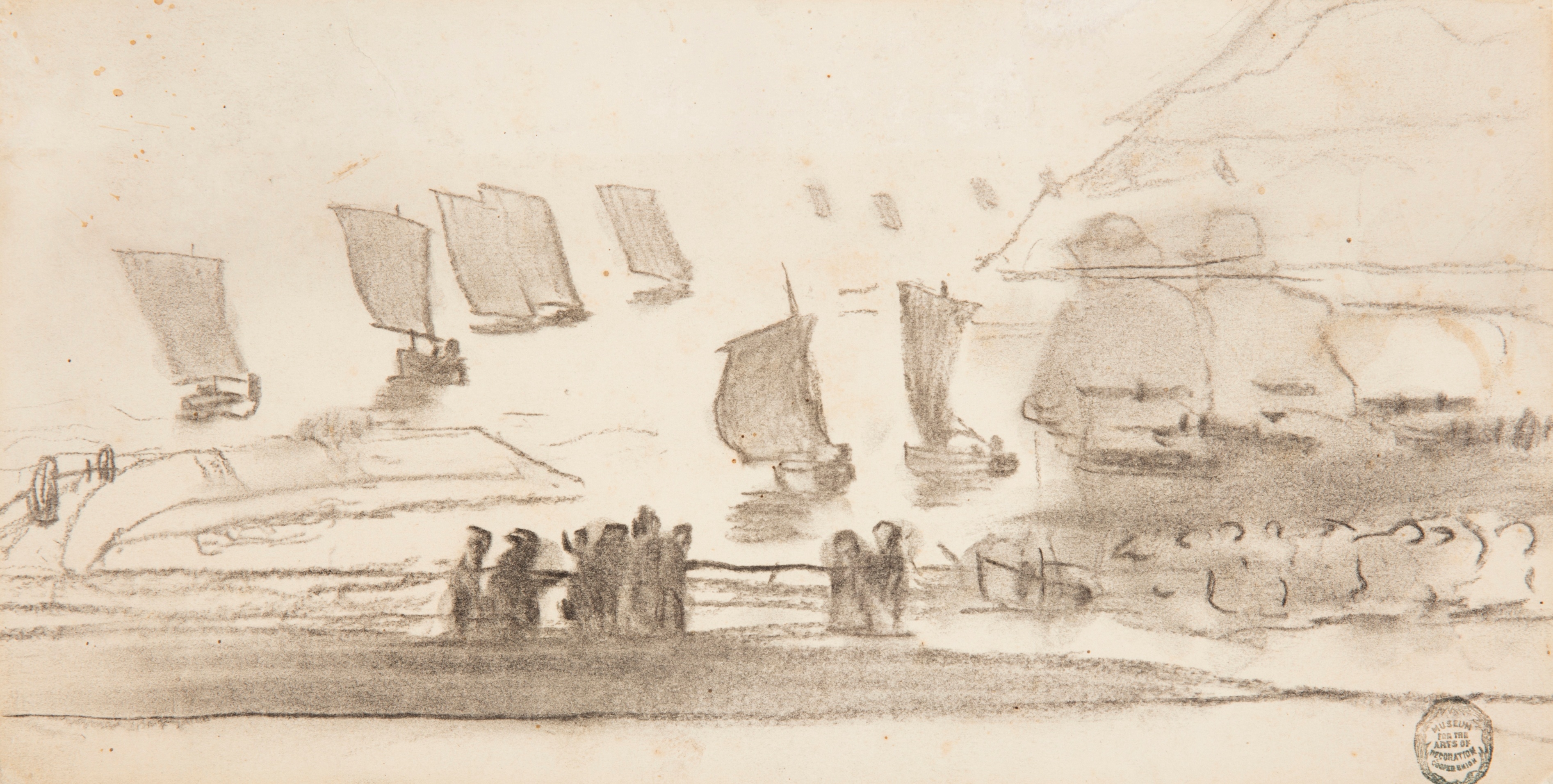 《海滩场景与人和渔船 cullercoats 英格兰》（beach scene with people and fishing boats cullercoats england）｜温斯洛·霍默 Winslow Homer｜1881–1882