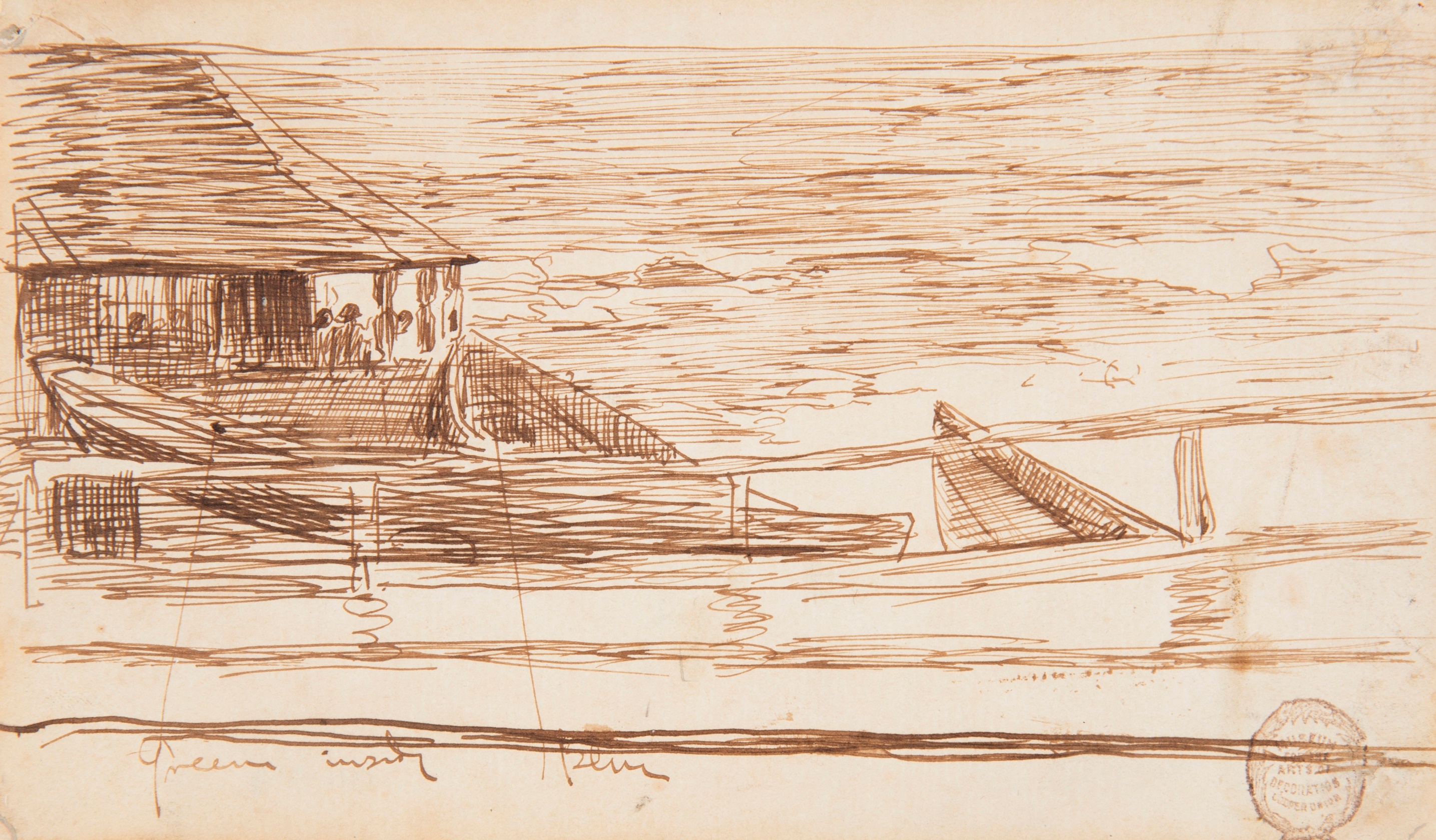 《栏杆旁的房子，有搁浅的平底渔船》（house at a railing with beached dories）｜温斯洛·霍默 Winslow Homer｜1881