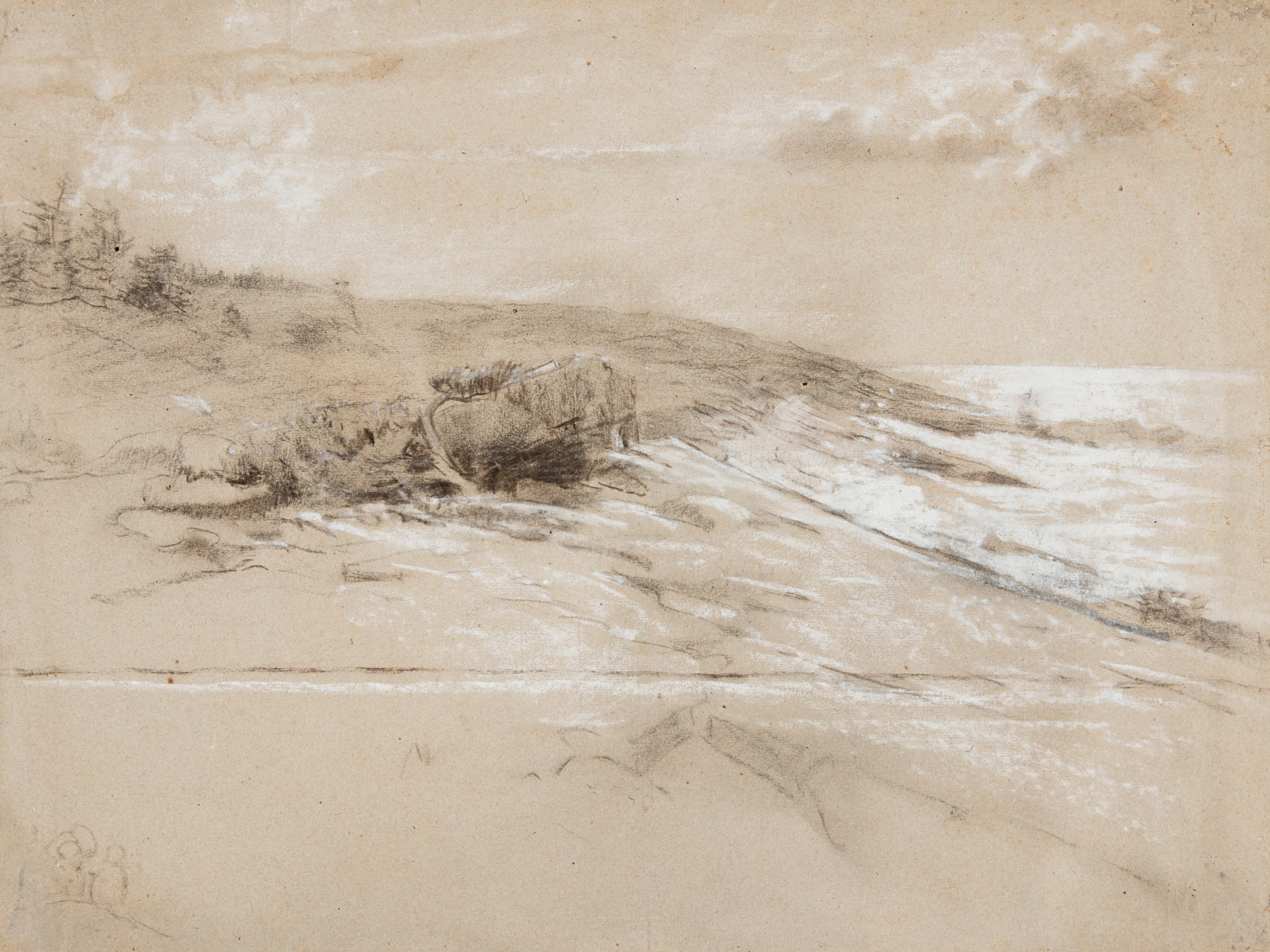 《海岸与灌木丛松树伸出脖子东点》（seacoast with scrub pines prouts neck eastern point）｜温斯洛·霍默 Winslow Homer｜1884–1890