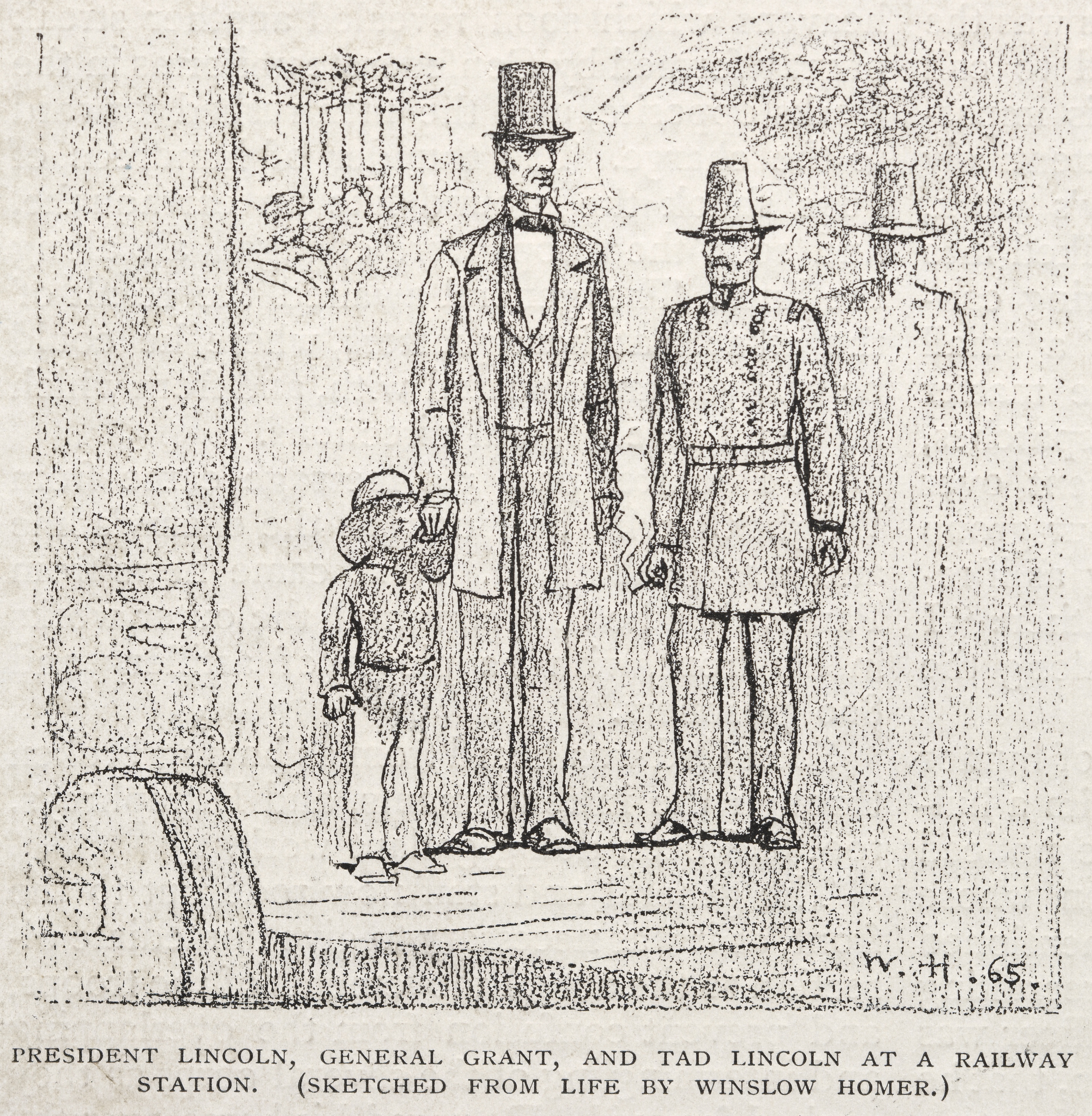 《林肯总统格兰特将军和泰德·林肯在火车站》（president lincoln general grant and tad lincoln at a railway station）｜温斯洛·霍默 Winslow Homer｜1887