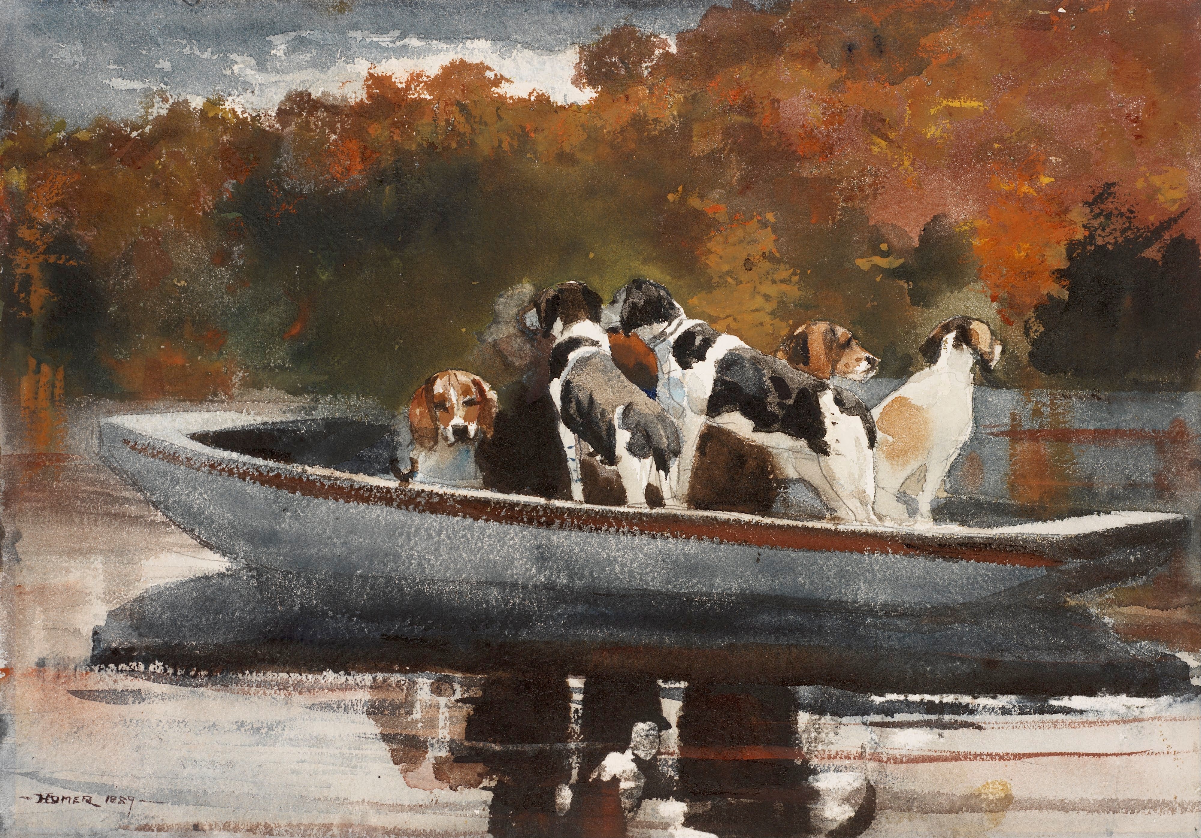 《猎犬在船上等待出发》（hunting dogs in boat waiting for the start）｜温斯洛·霍默 Winslow Homer｜1889