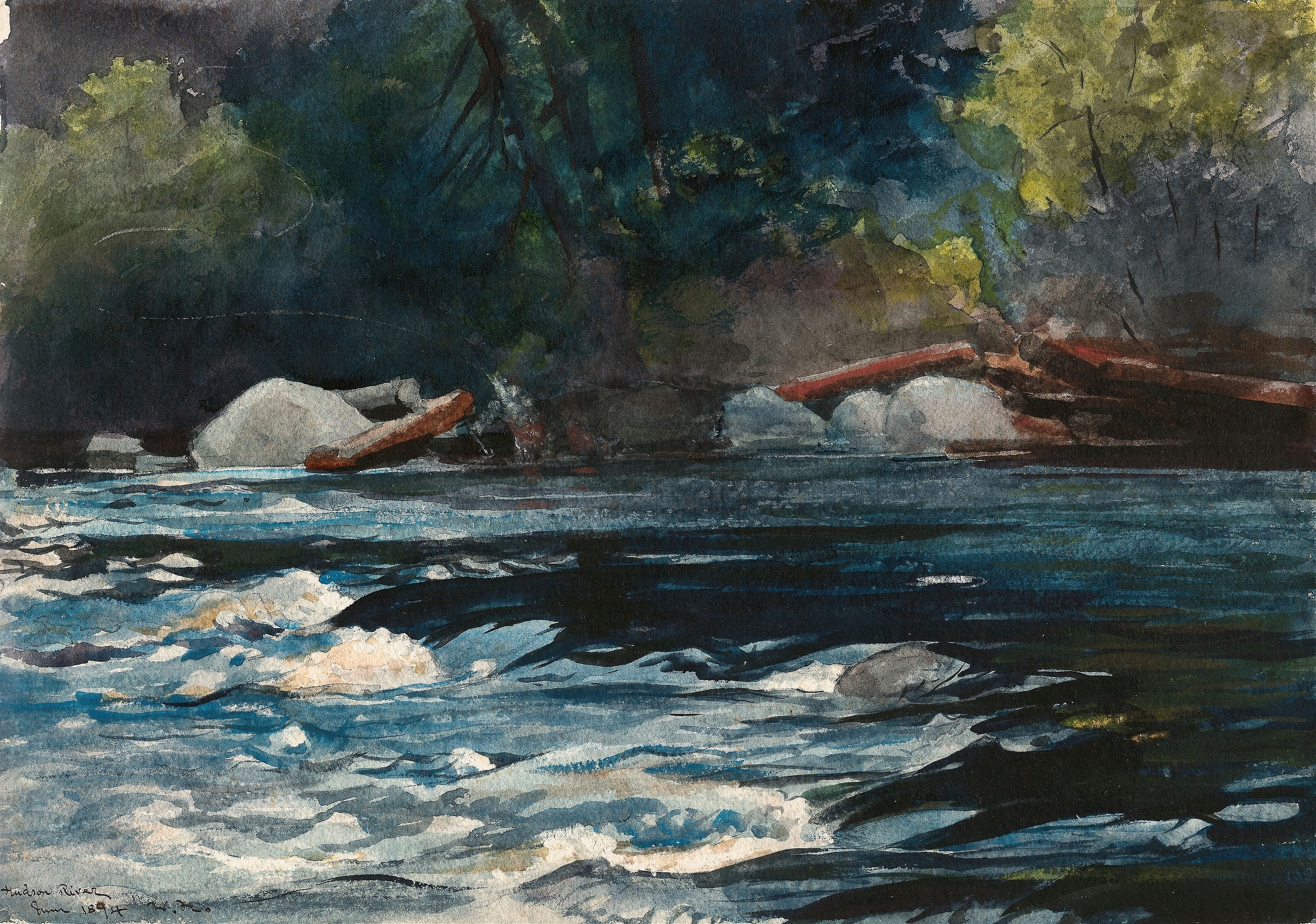 《急流 哈德逊河 阿迪朗达克》（the rapids hudson river adirondacks）｜温斯洛·霍默 Winslow Homer｜1894