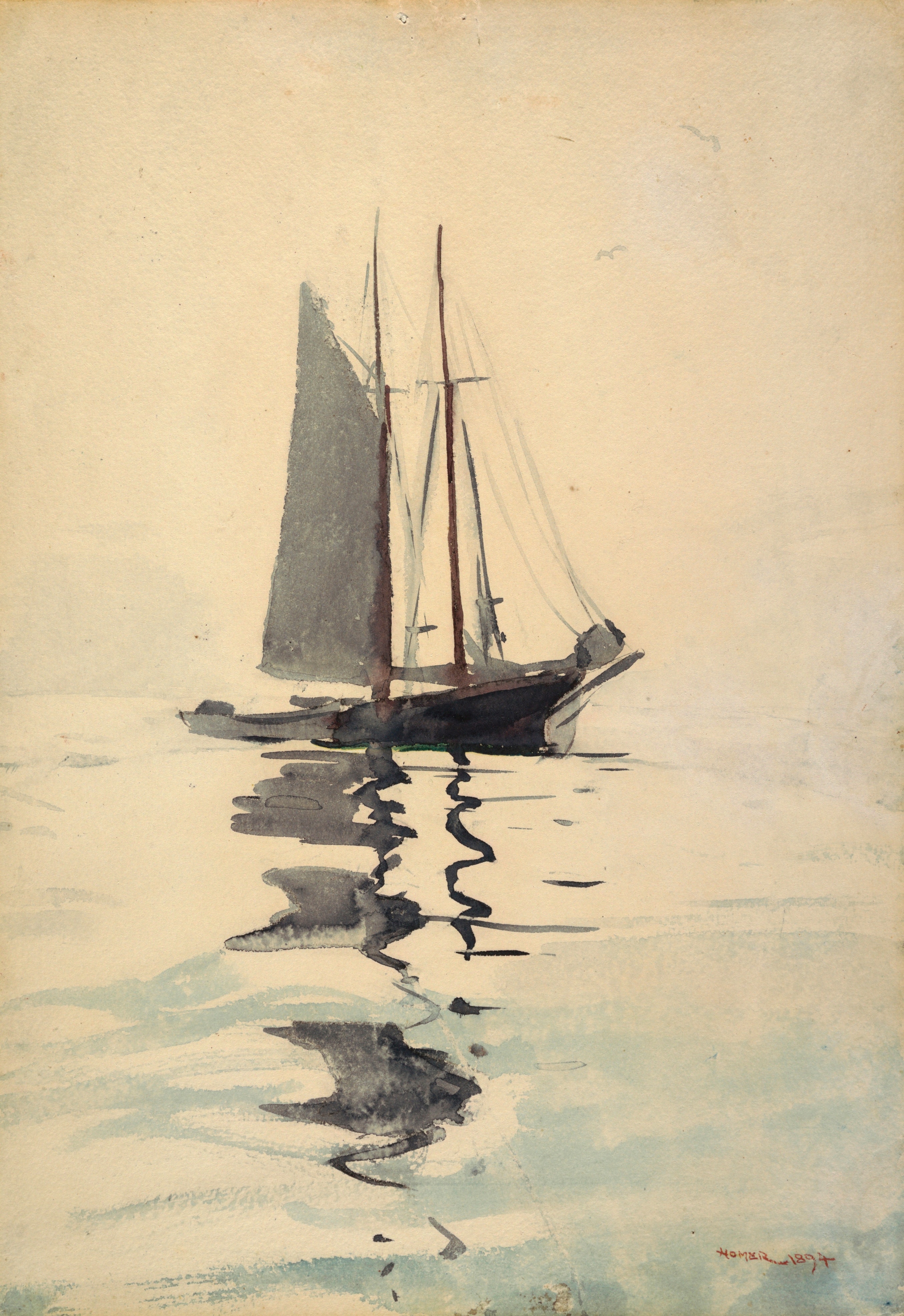 《两桅帆船与多莉》（two masted schooner with dory）｜温斯洛·霍默 Winslow Homer｜1894