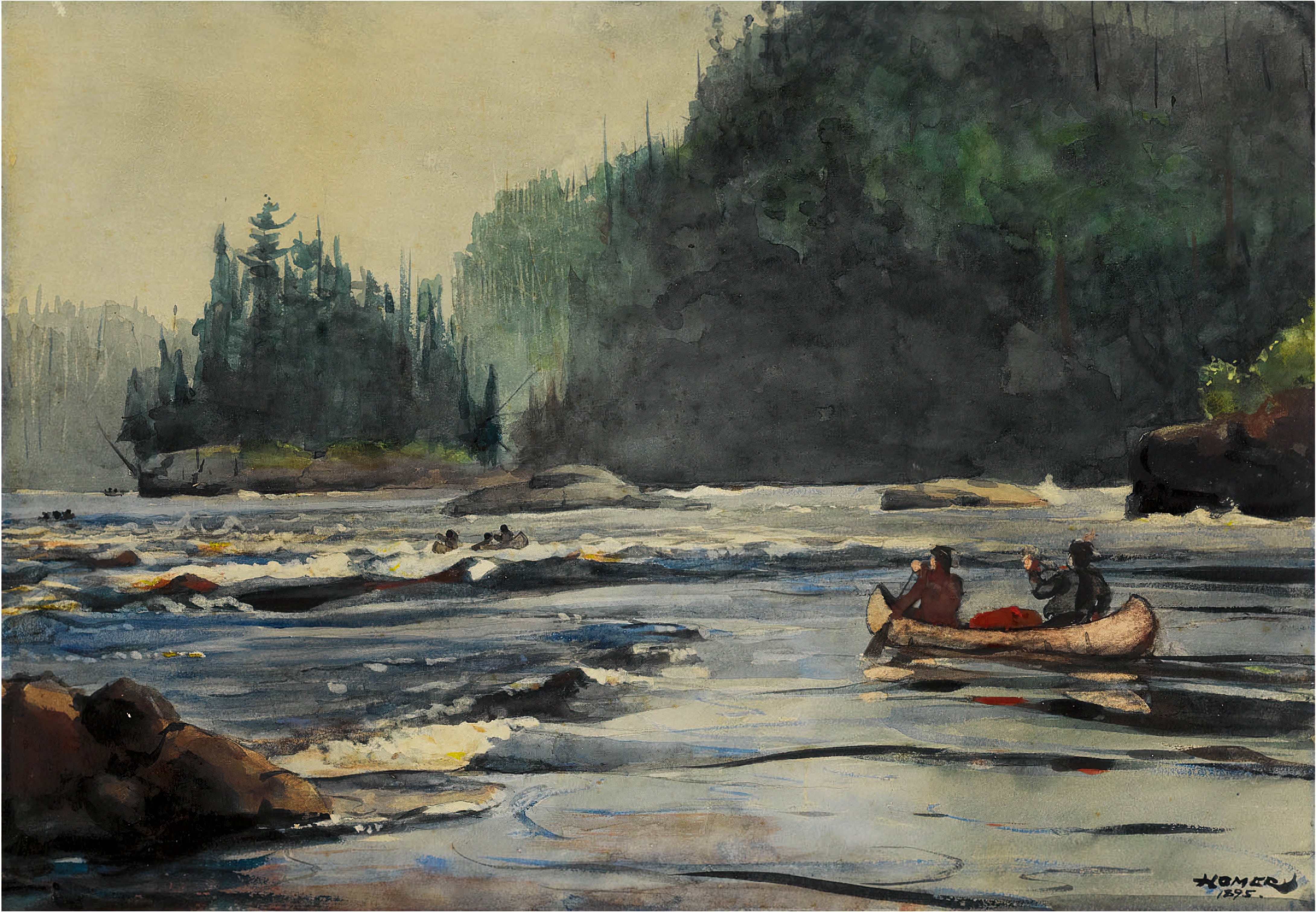《在急流中》（in the rapids）｜温斯洛·霍默 Winslow Homer｜1895