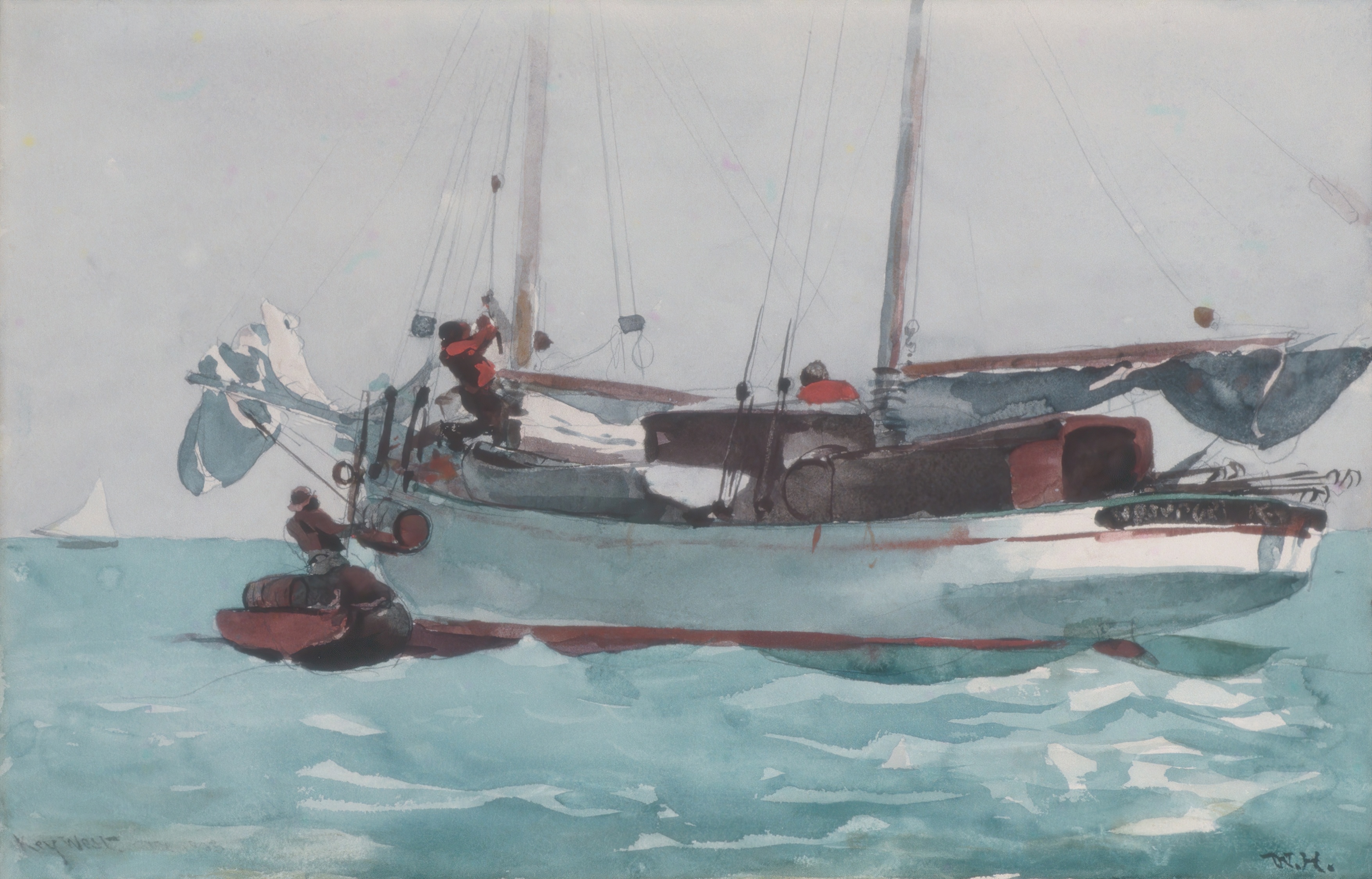 《携带湿粮大篷车标记纽波特 k w》（taking on wet provisions schooner marked newport k w）｜温斯洛·霍默 Winslow Homer｜1903